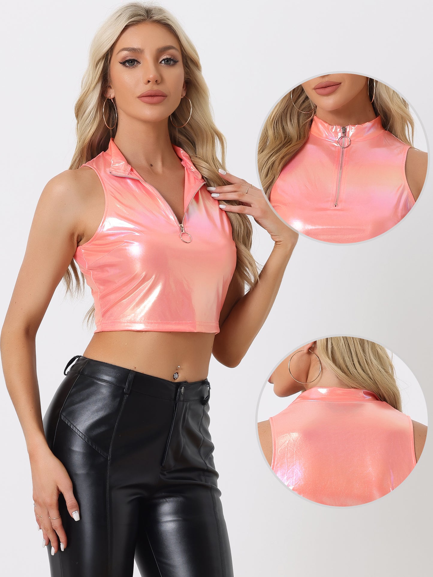 Women's Metallic Crop Top Mock Neck Zip Up Sleeveless Shiny Holographic Tank Top