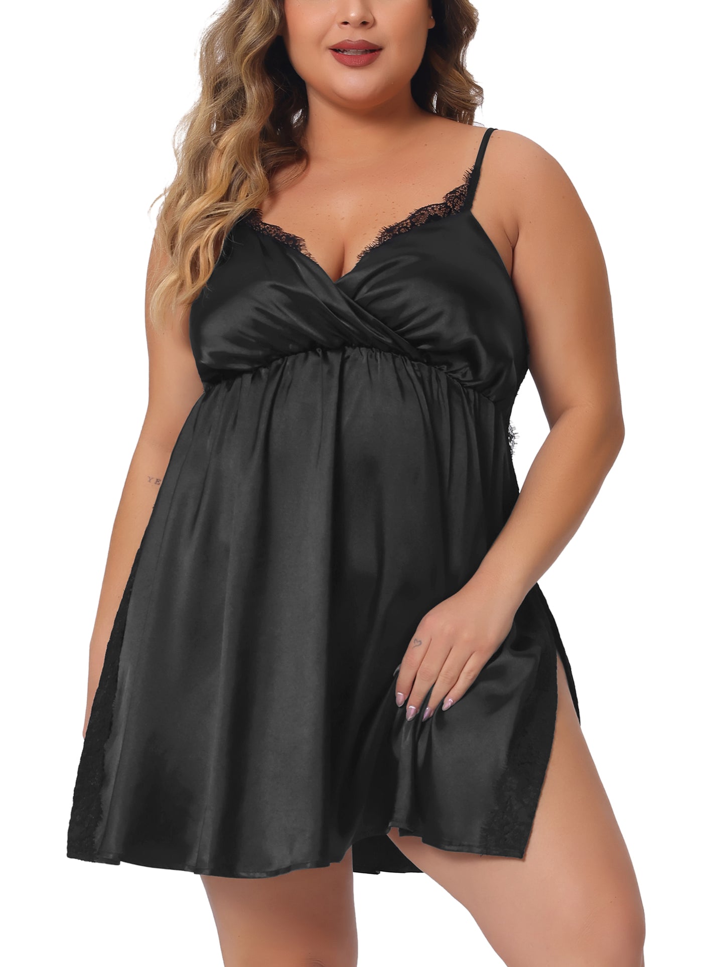 Women Plus Size Satin Sexy Lace Chemise Nightgown Lingerie Side Slit Sleepwear