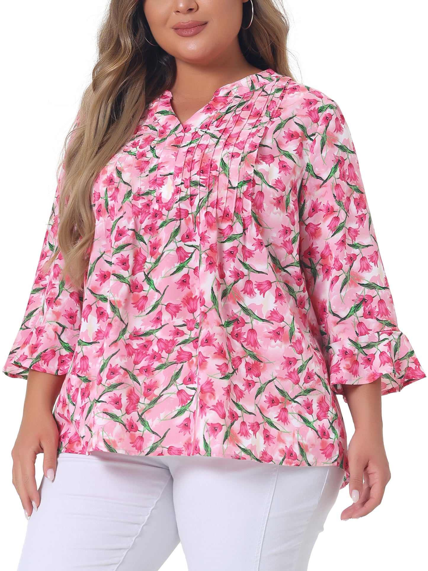 Women Plus Size Top Pleated Long Sleeves V Neck Floral Blouse