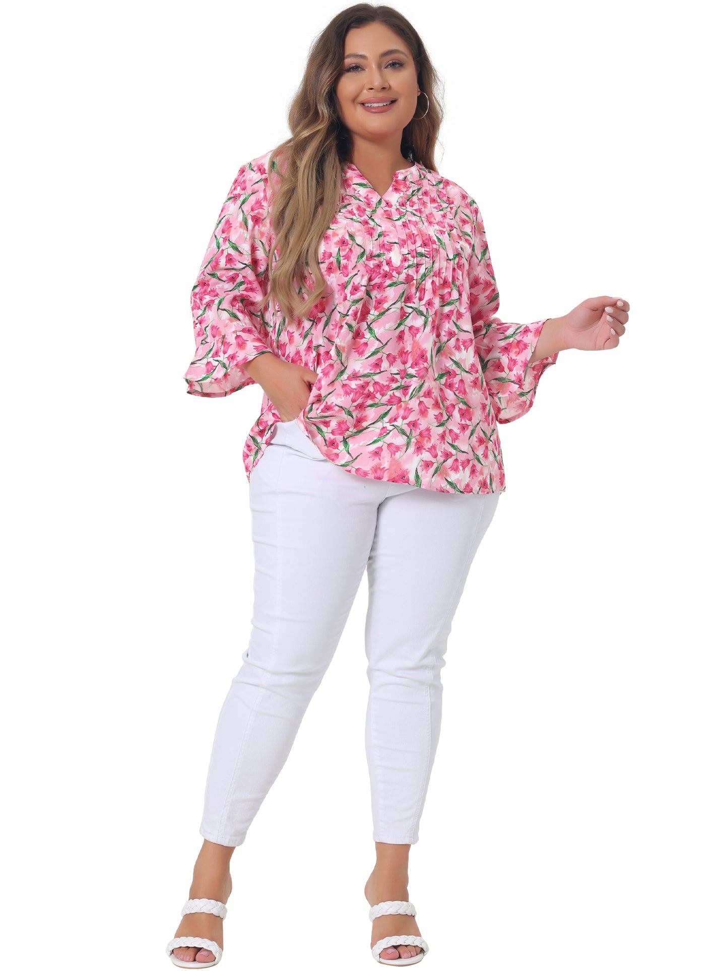 Women Plus Size Top Pleated Long Sleeves V Neck Floral Blouse