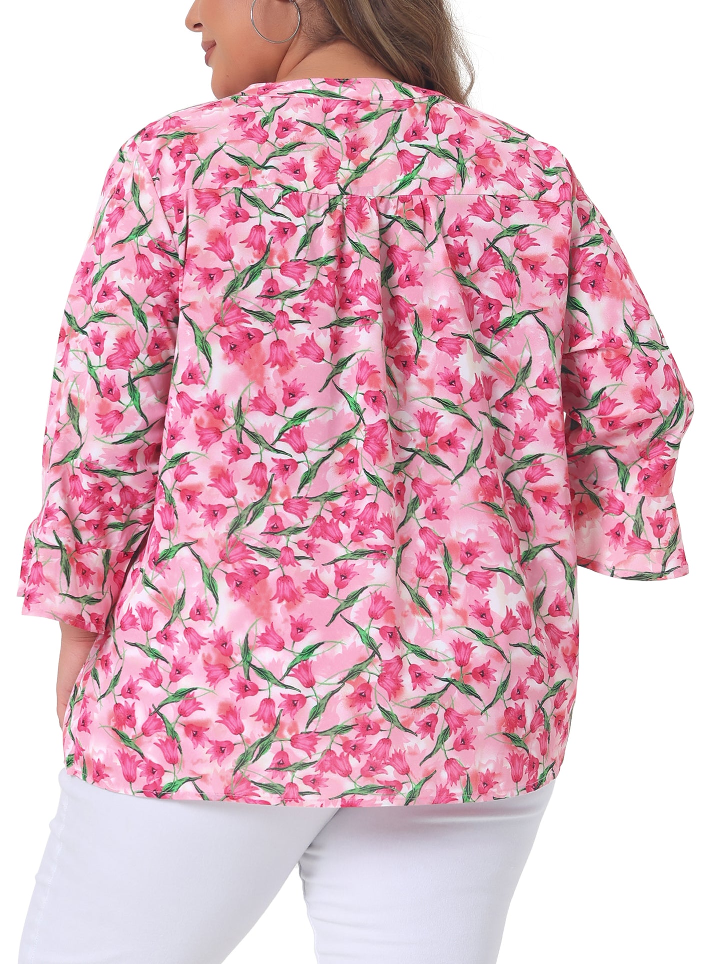 Women Plus Size Top Pleated Long Sleeves V Neck Floral Blouse