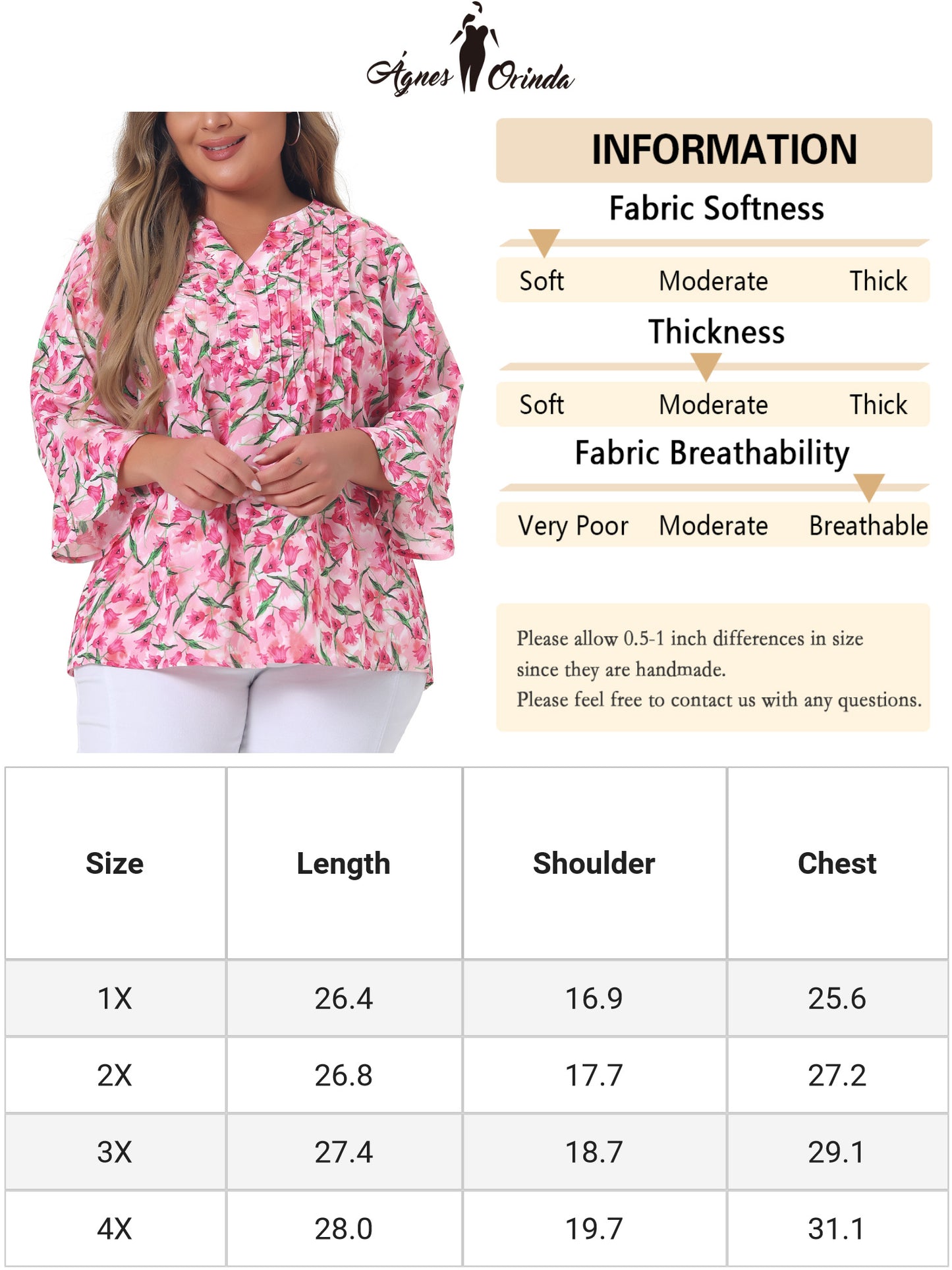 Women Plus Size Top Pleated Long Sleeves V Neck Floral Blouse