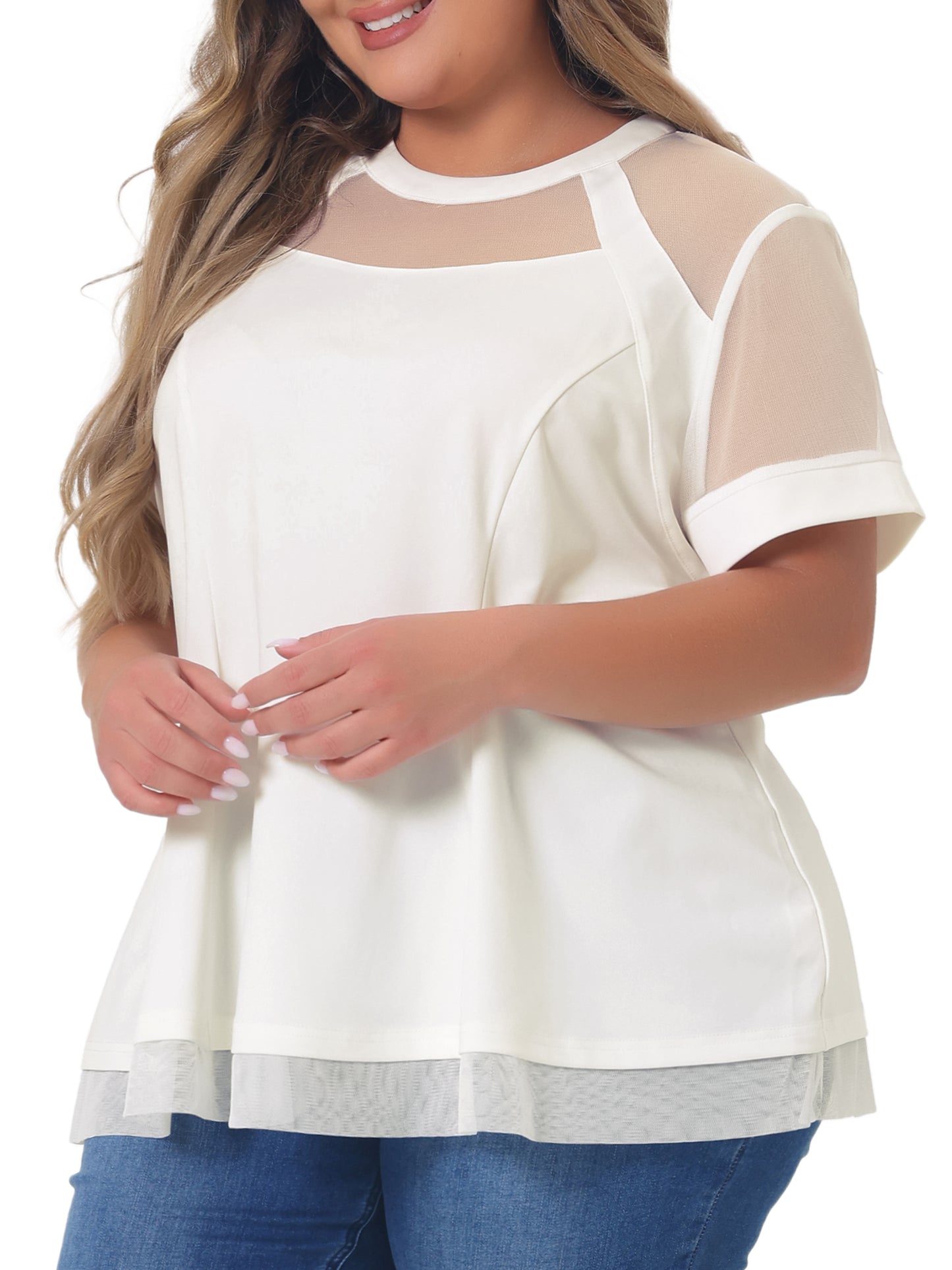 Women's Plus Size Round Neck Peplum Short Sleeve Mesh Sheer Blouse Summer Top