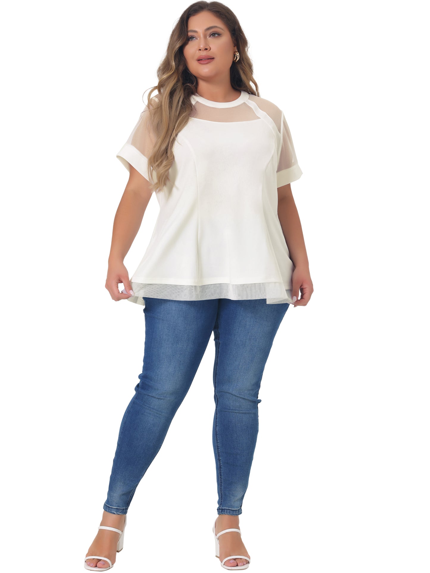 Women's Plus Size Round Neck Peplum Short Sleeve Mesh Sheer Blouse Summer Top