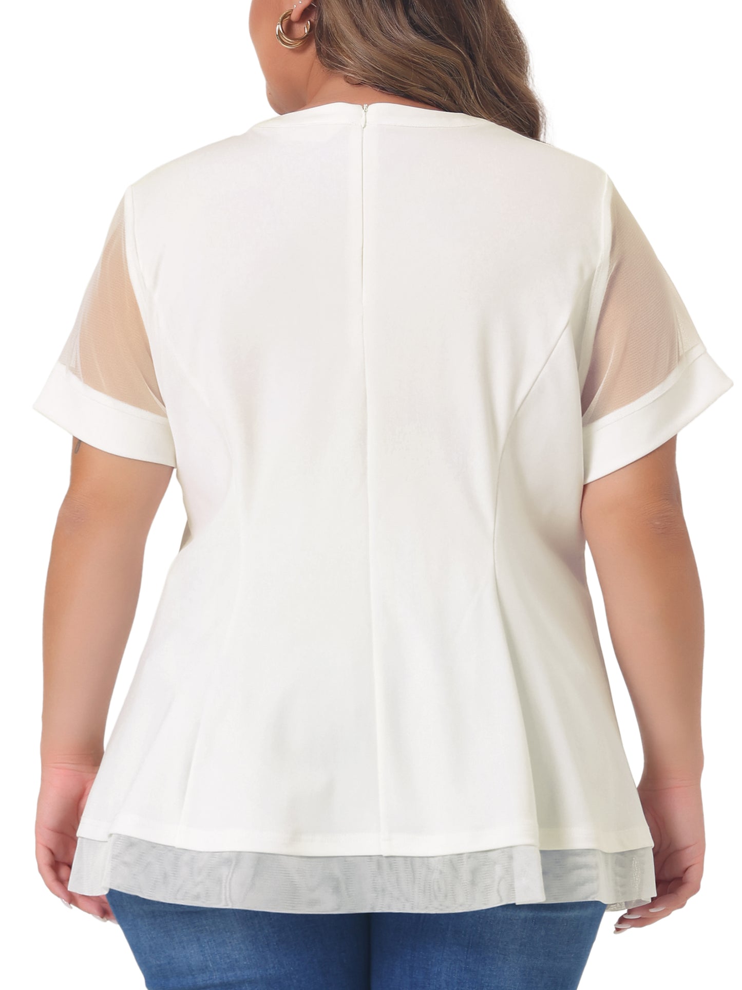 Women's Plus Size Round Neck Peplum Short Sleeve Mesh Sheer Blouse Summer Top
