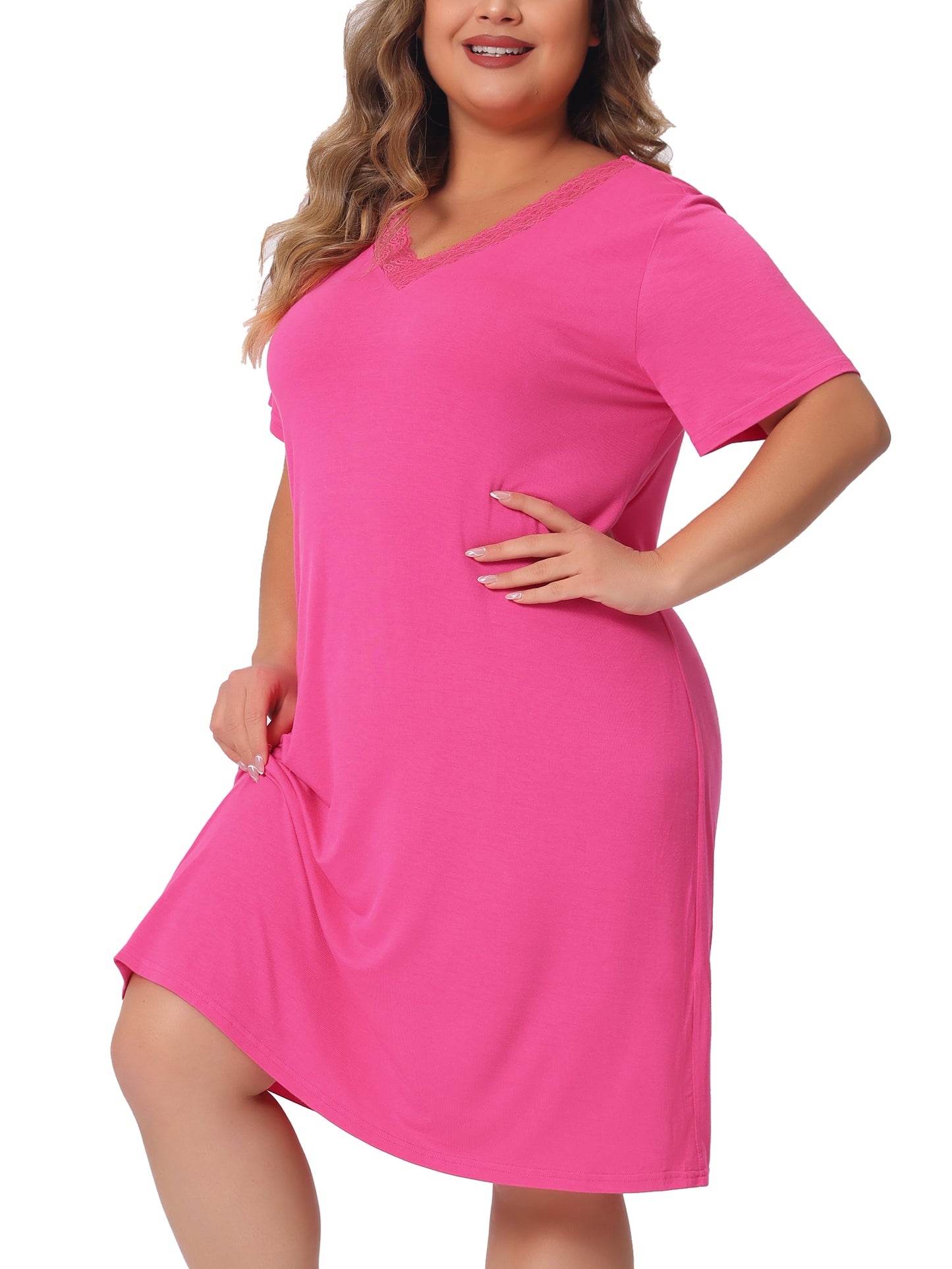 Women Plus Size Nightgowns Lace V Neck Short Sleeve Loungewear Sleepwear Dress