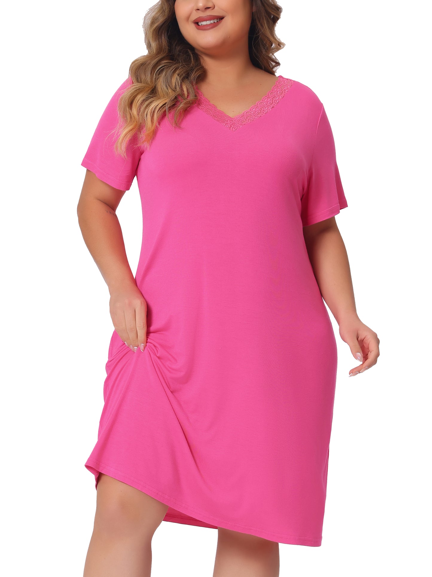 Women Plus Size Nightgowns Lace V Neck Short Sleeve Loungewear Sleepwear Dress