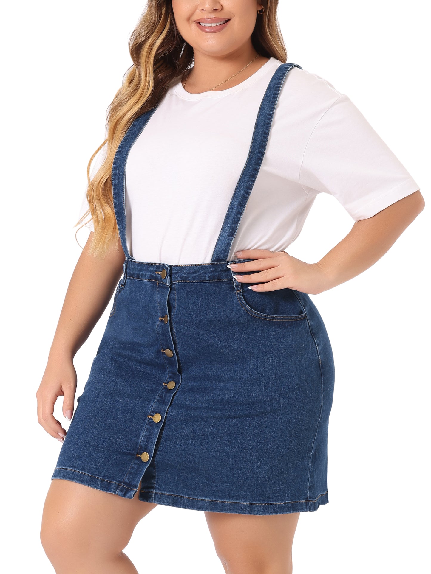 Women Plus Size Suspender Skirt Adjustable Strap Cross Back Mini Denim A-Line Overall Dress