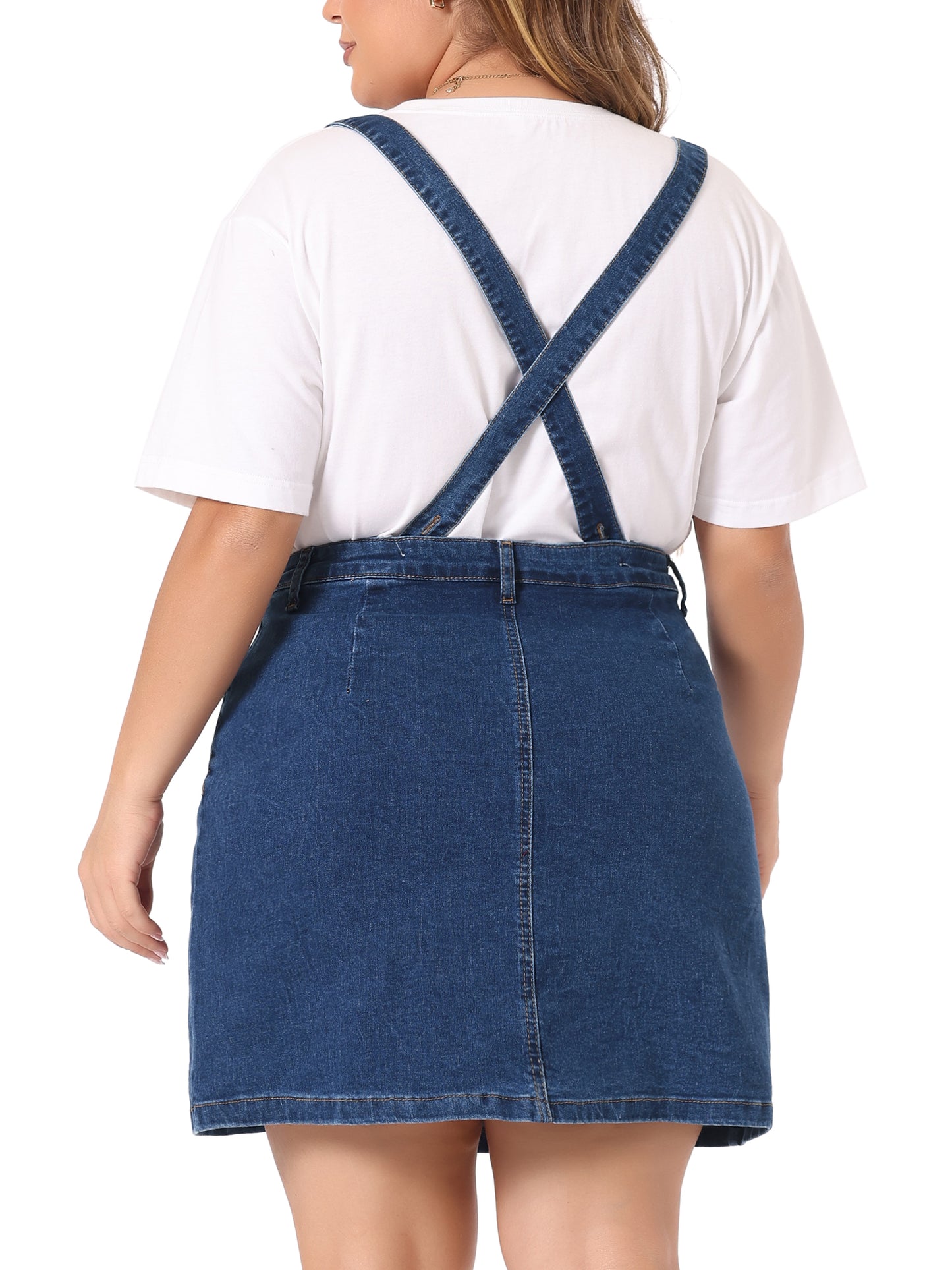 Women Plus Size Suspender Skirt Adjustable Strap Cross Back Mini Denim A-Line Overall Dress