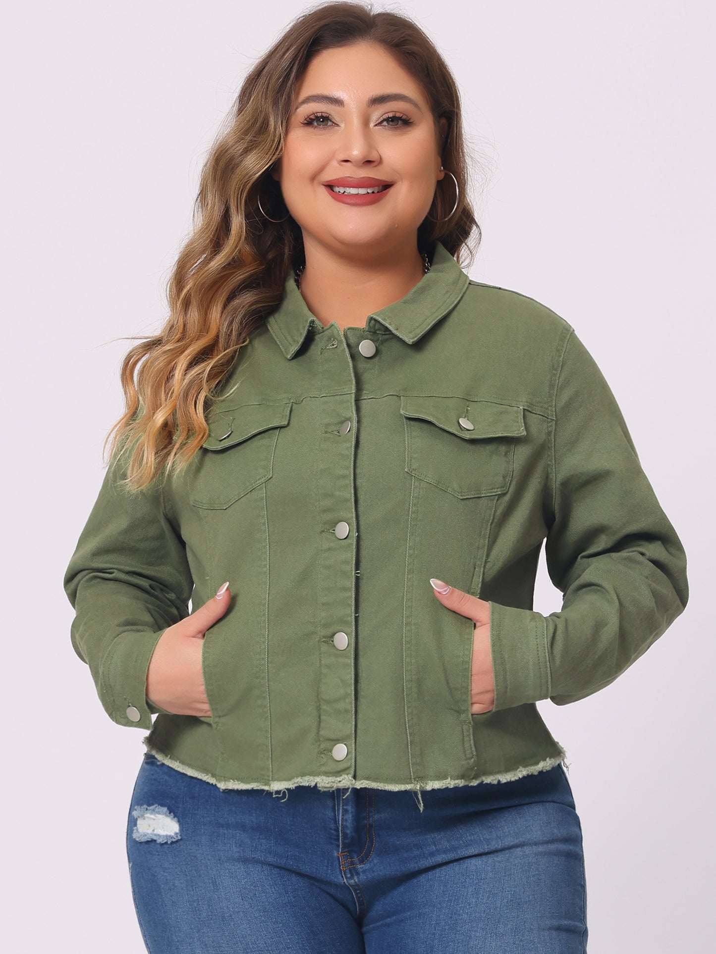 Women's Plus Size Classic Washed Front Frayed Denim Jacket
