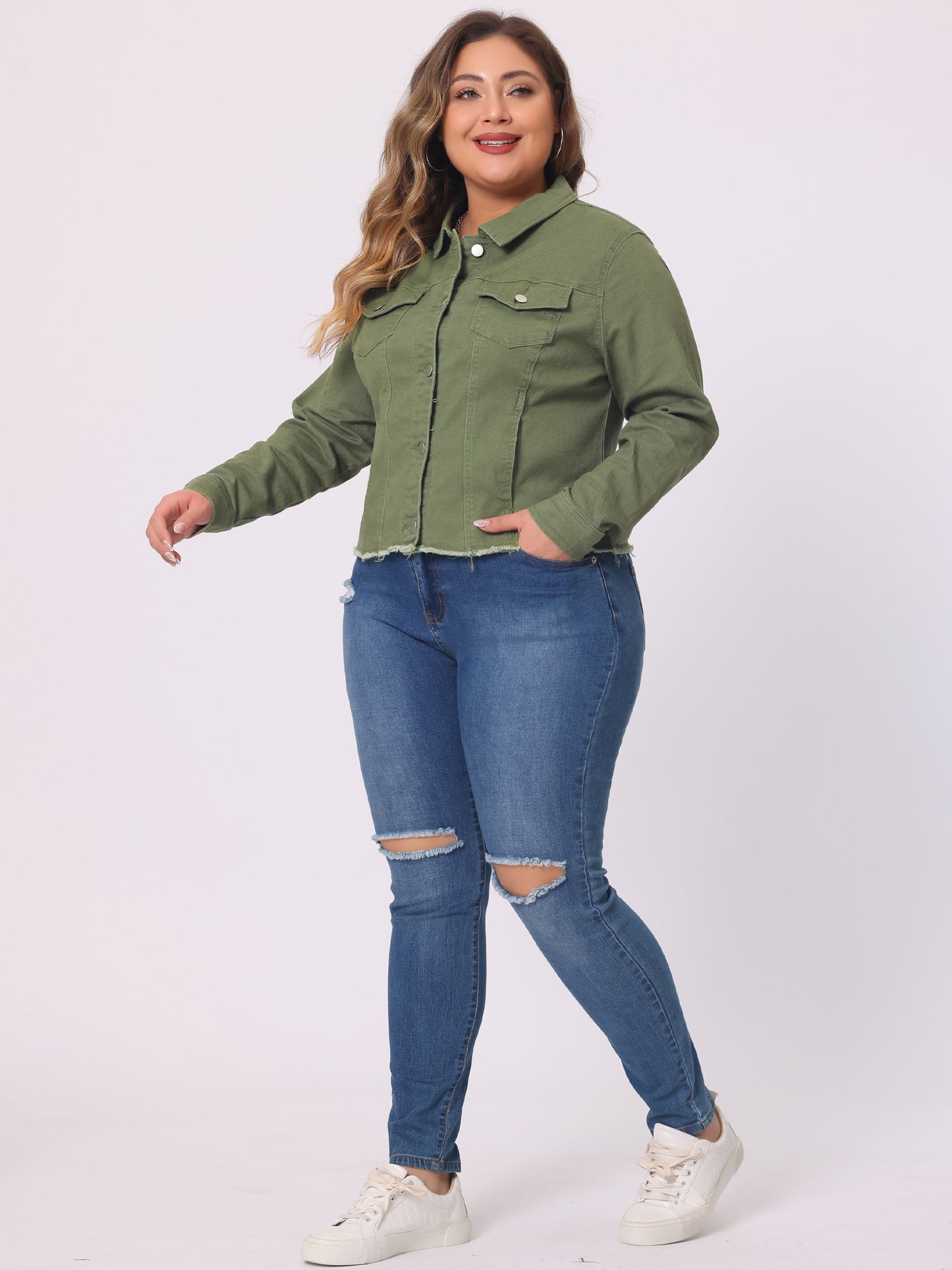 Women's Plus Size Classic Washed Front Frayed Denim Jacket