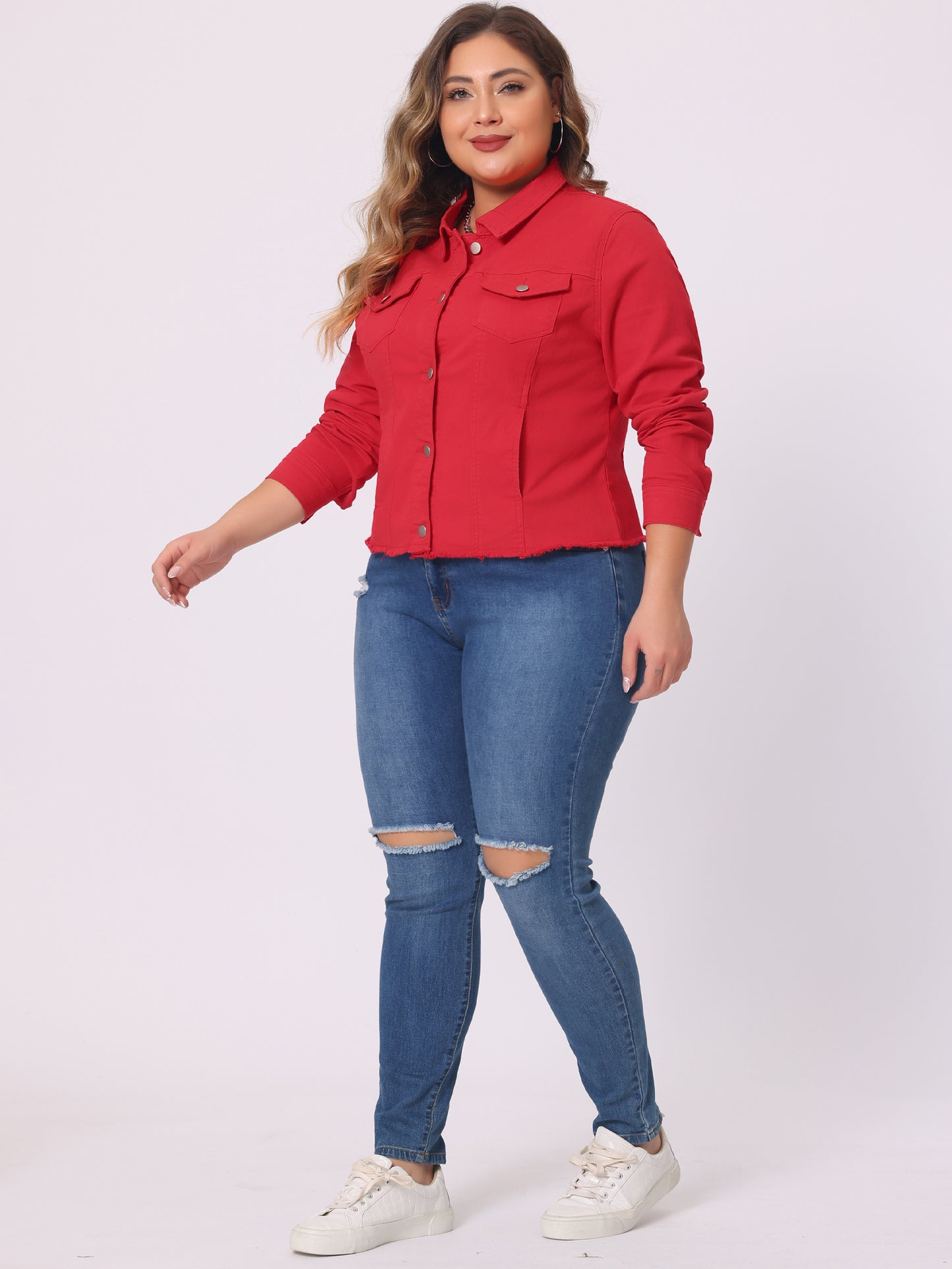 Women's Plus Size Classic Washed Front Frayed Denim Jacket