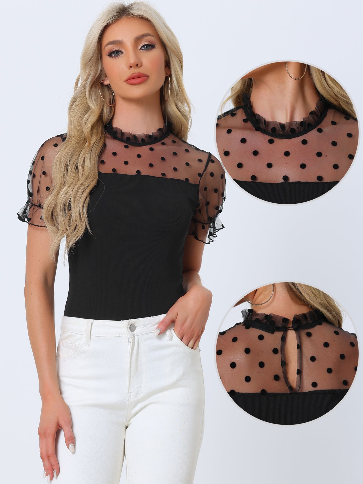 Women's Top Short Sleeve Party Polka Dots Mesh Sheer Skinny Bodysuit