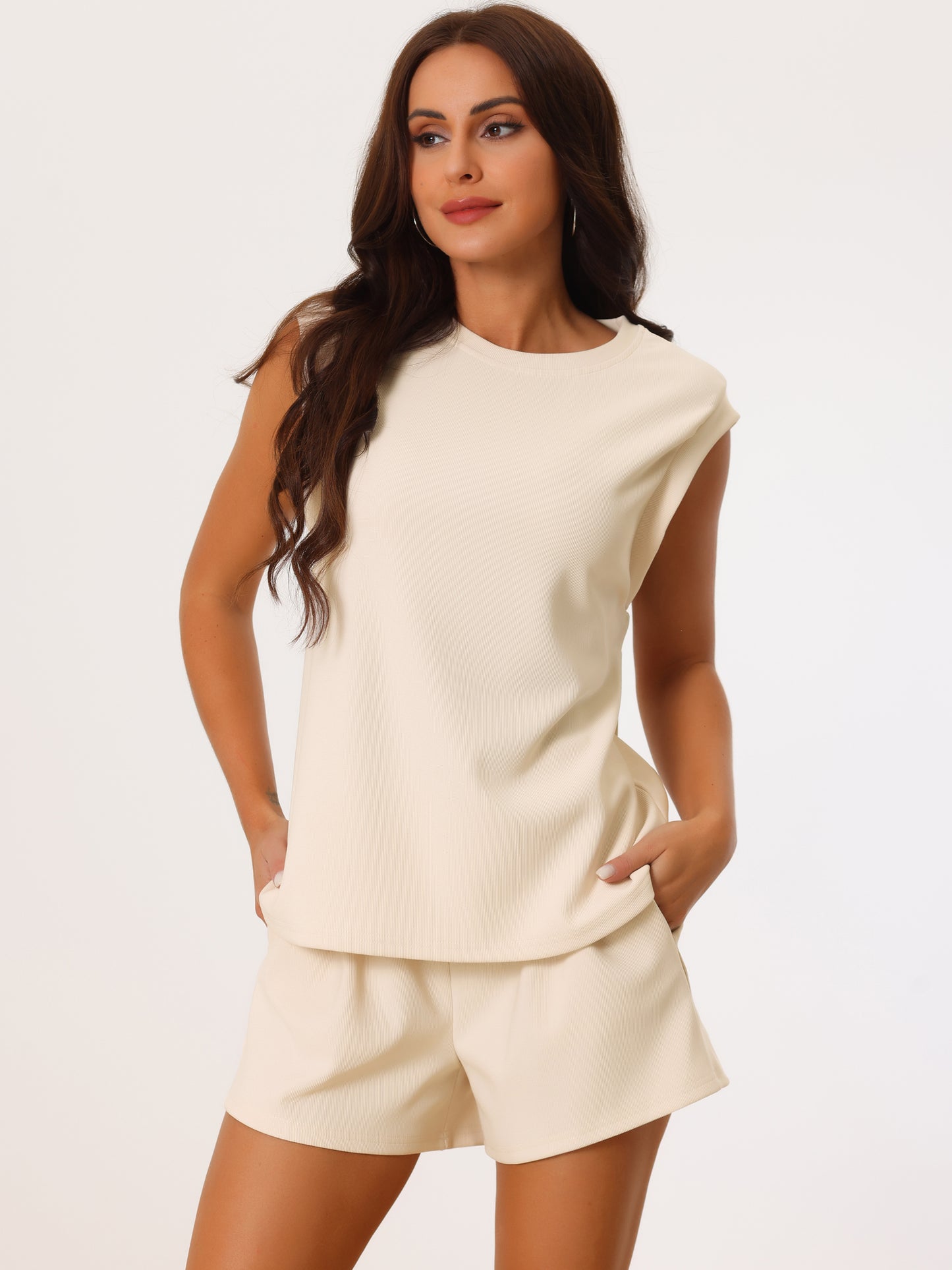 Women's Two Piece Stretchy Sleeveless Sweatshirt Casual Tank Top and Shorts Workout Lounge Set