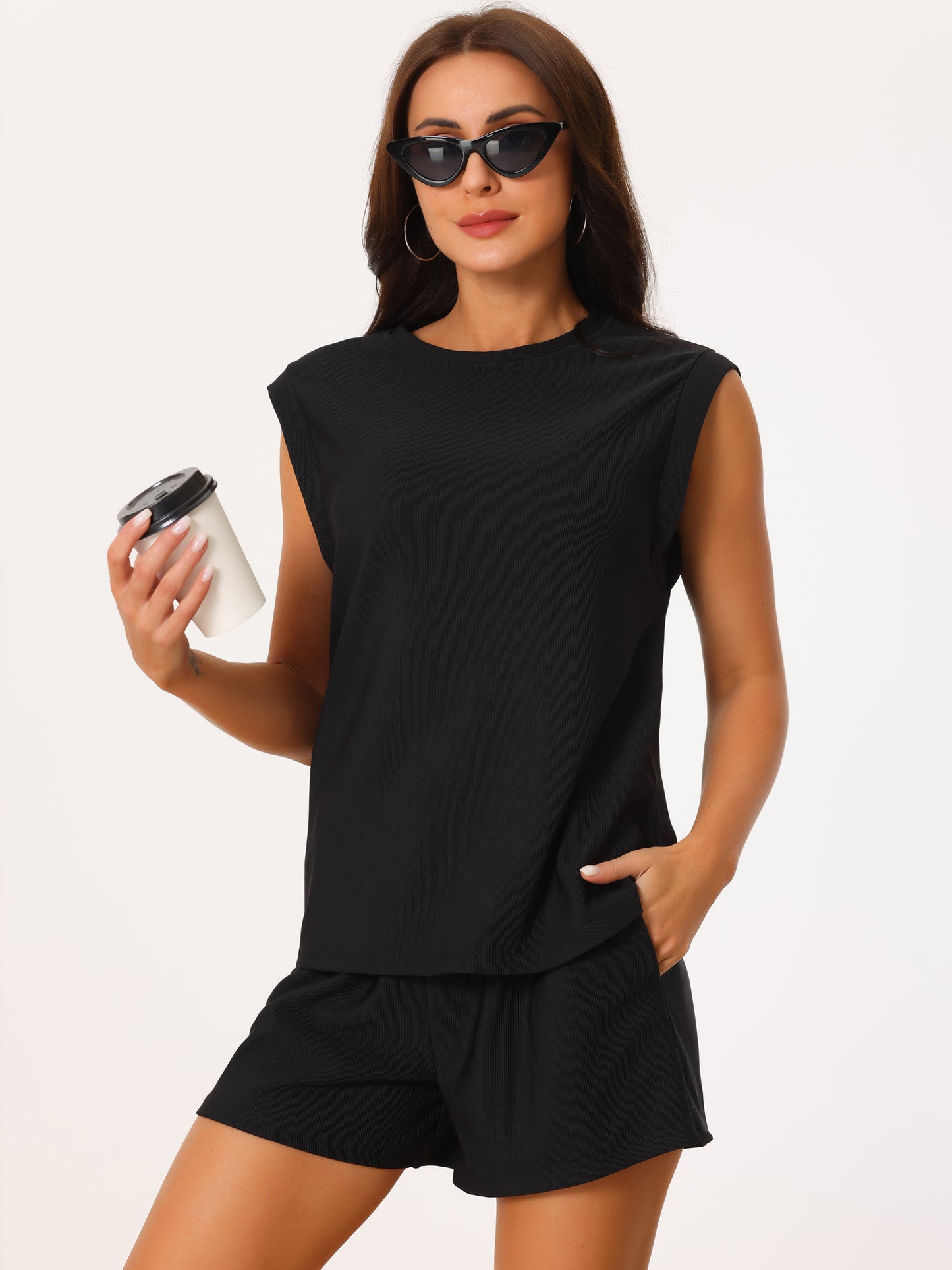 Women's Two Piece Stretchy Sleeveless Sweatshirt Casual Tank Top and Shorts Workout Lounge Set