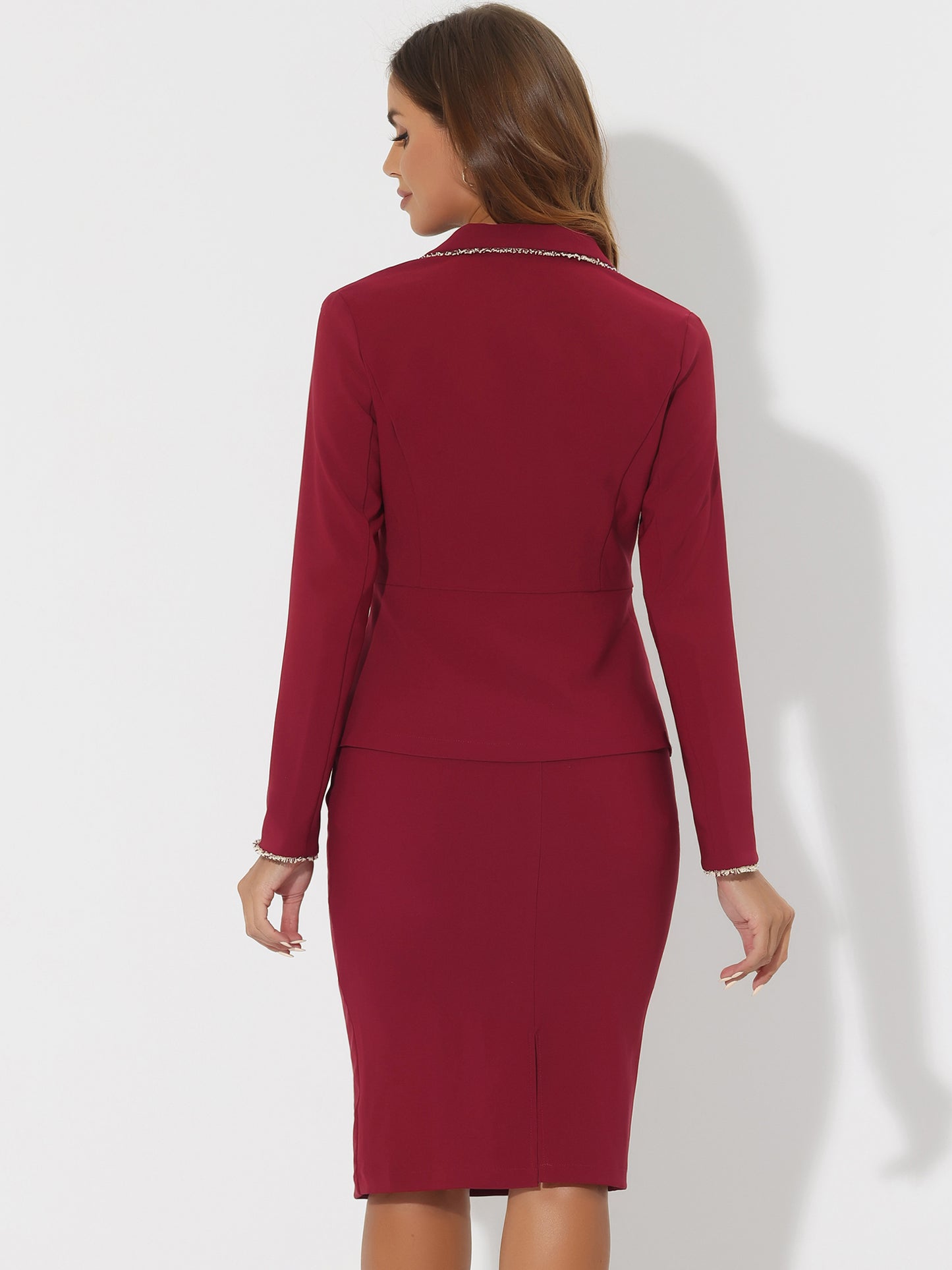 Women's 2 Piece Suit Skirt Set Tweed Trim Blazer Knee Length Pencil Skirt Business Office Wear