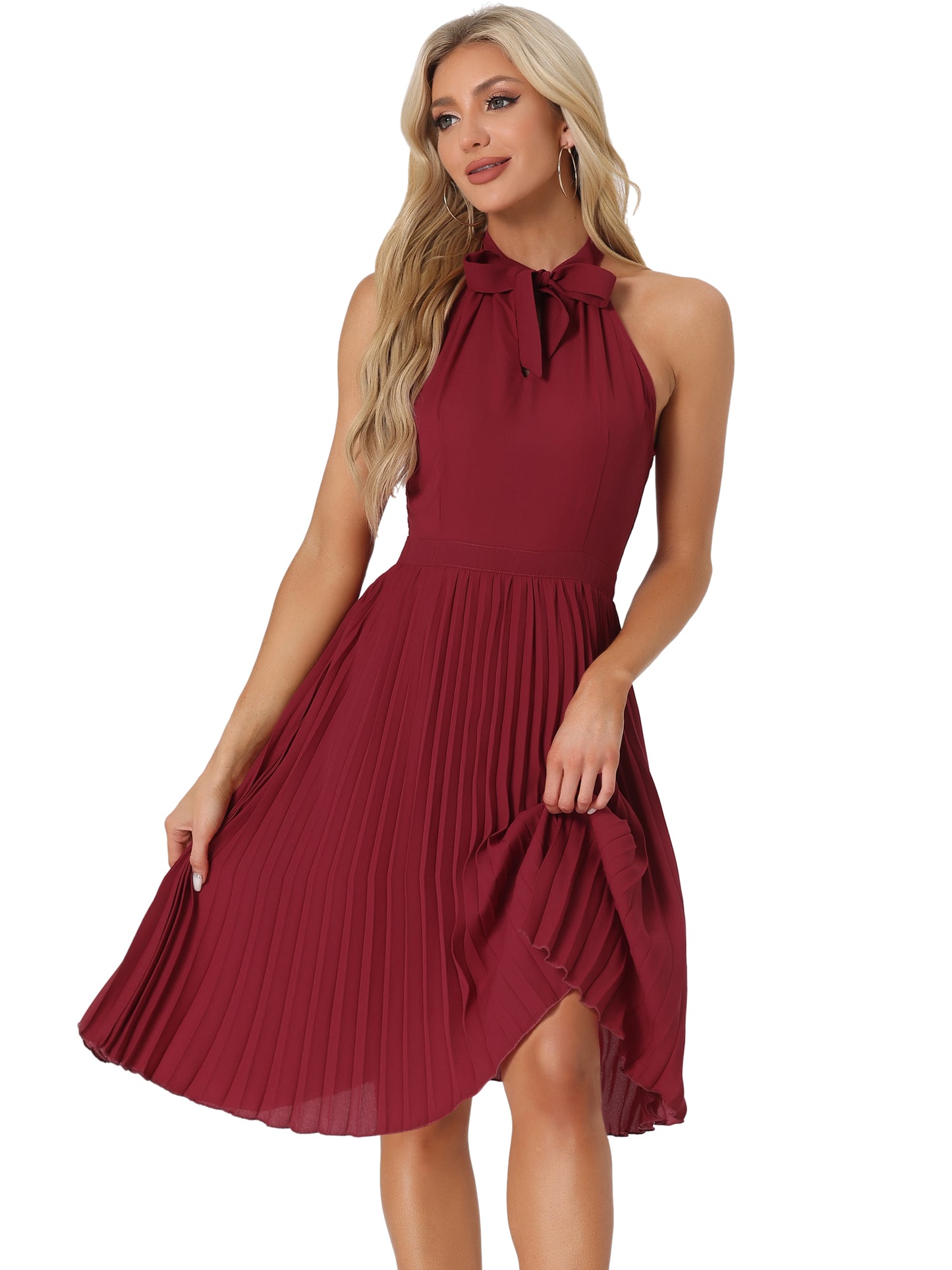 Women's Sleeveless Halter Neck Pleated Dress Summer Bow Tie Neck Party Cocktail Dresses