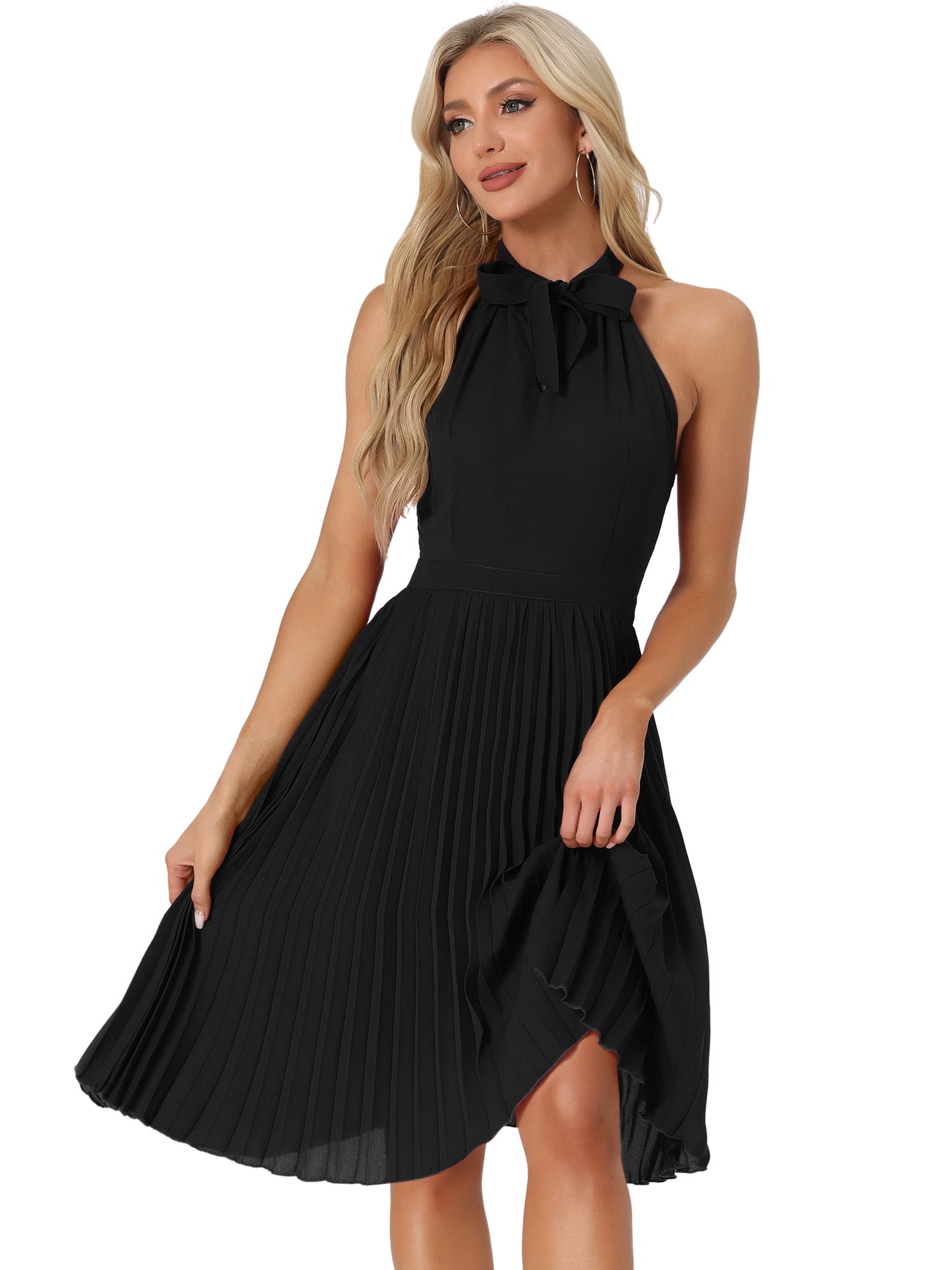 Women's Sleeveless Halter Neck Pleated Dress Summer Bow Tie Neck Party Cocktail Dresses