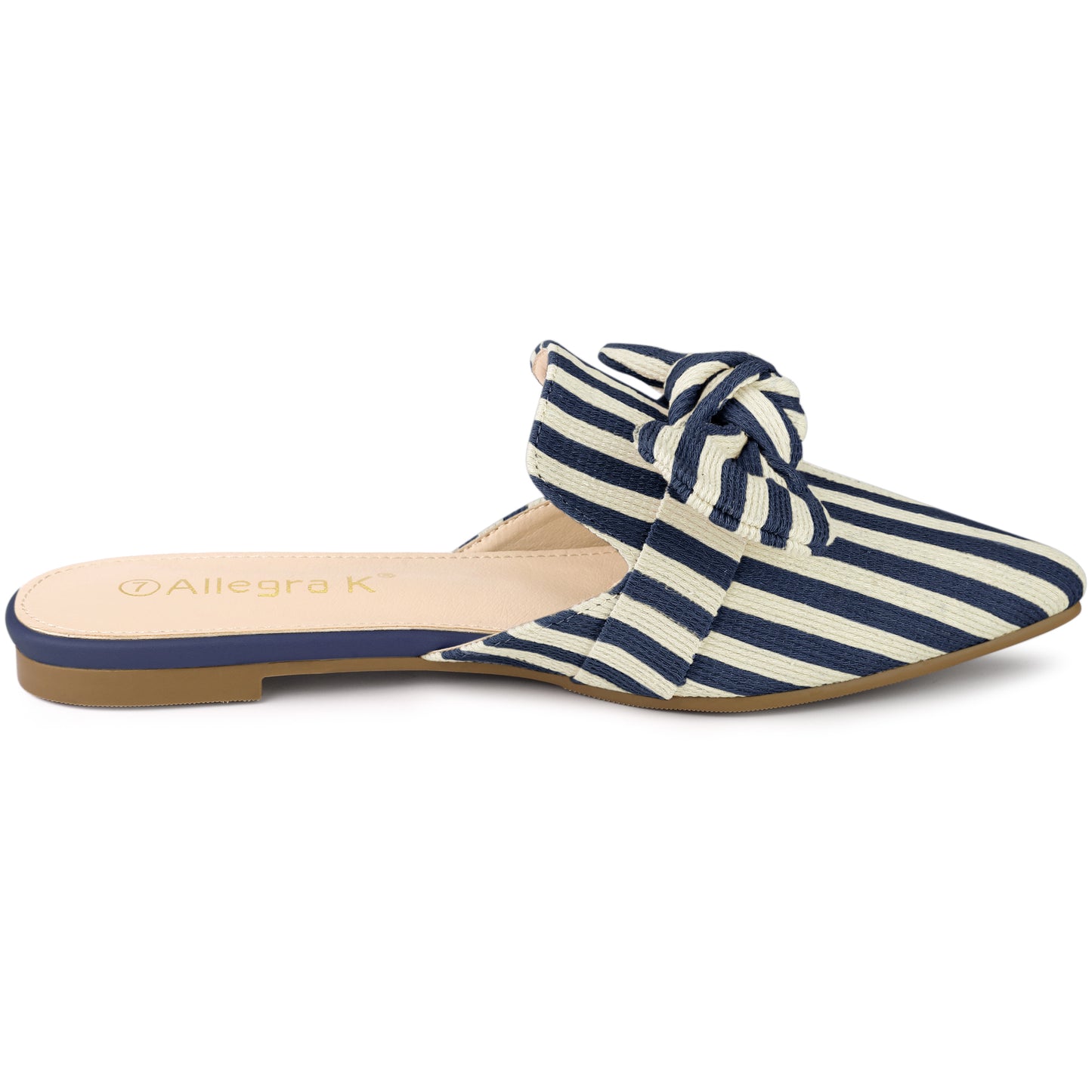 Women's Pointed Toe Slip on Flat Stripe Bow Slides Mules