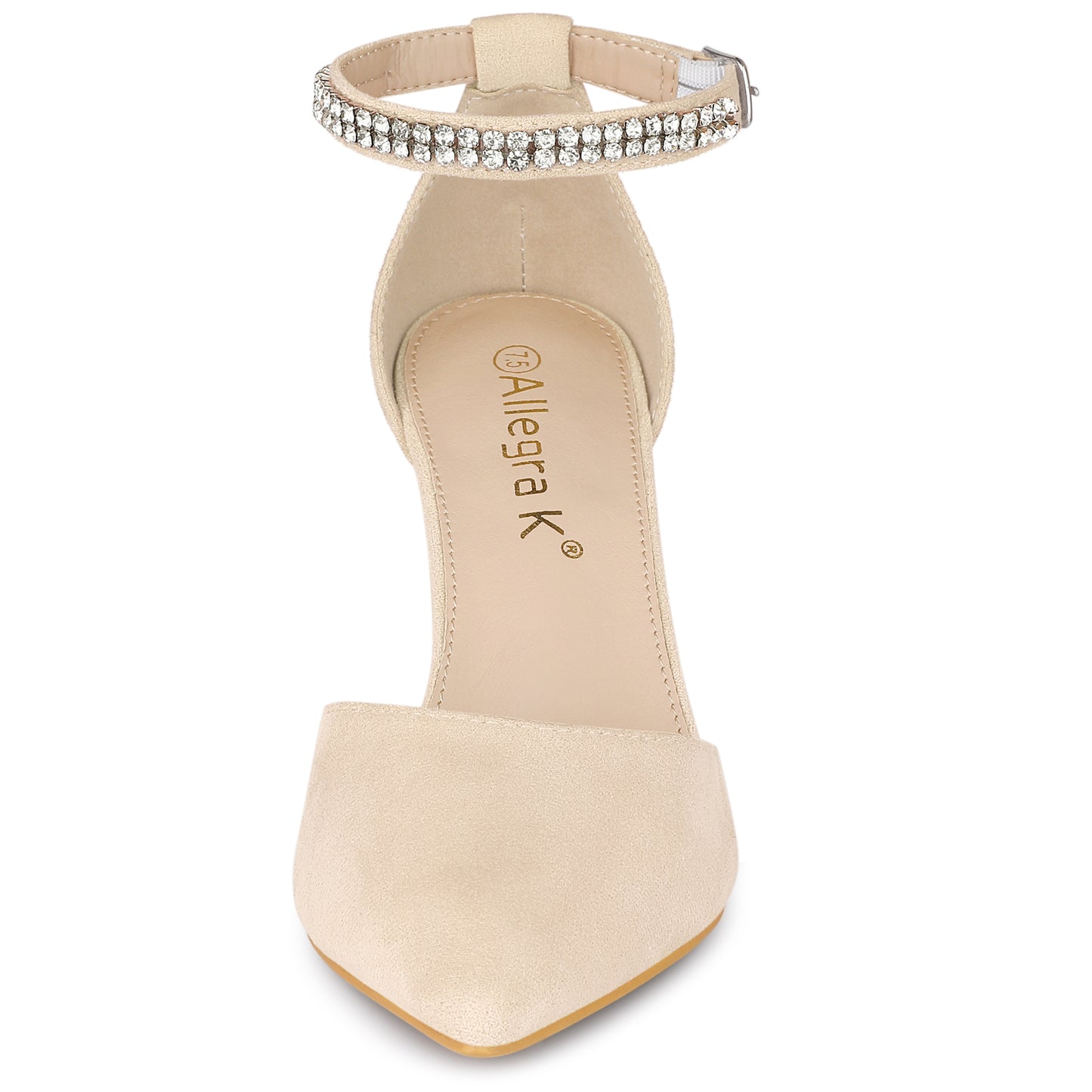 Zapatos de tacón grueso con tiras en el tobillo y punta puntiaguda de diamantes de imitación para mujer