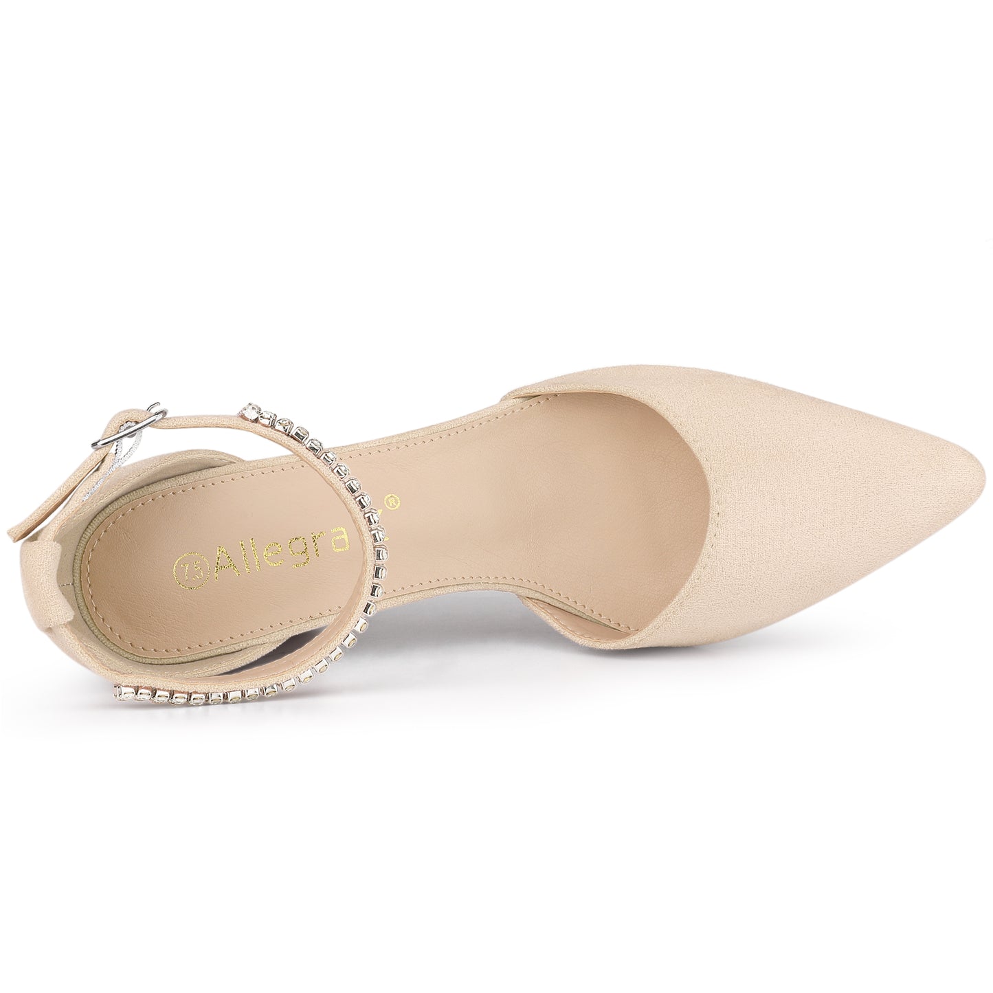 Zapatos de tacón grueso con tiras en el tobillo y punta puntiaguda de diamantes de imitación para mujer