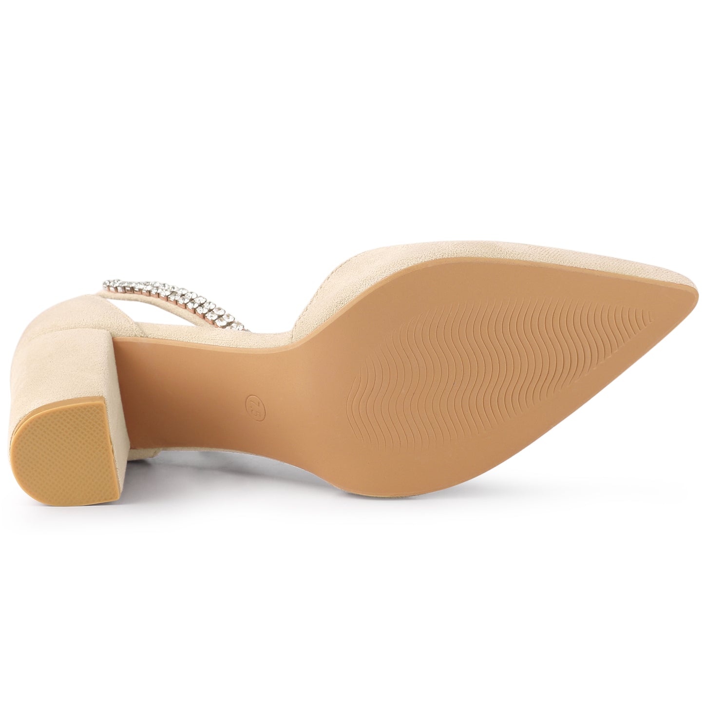 Zapatos de tacón grueso con tiras en el tobillo y punta puntiaguda de diamantes de imitación para mujer