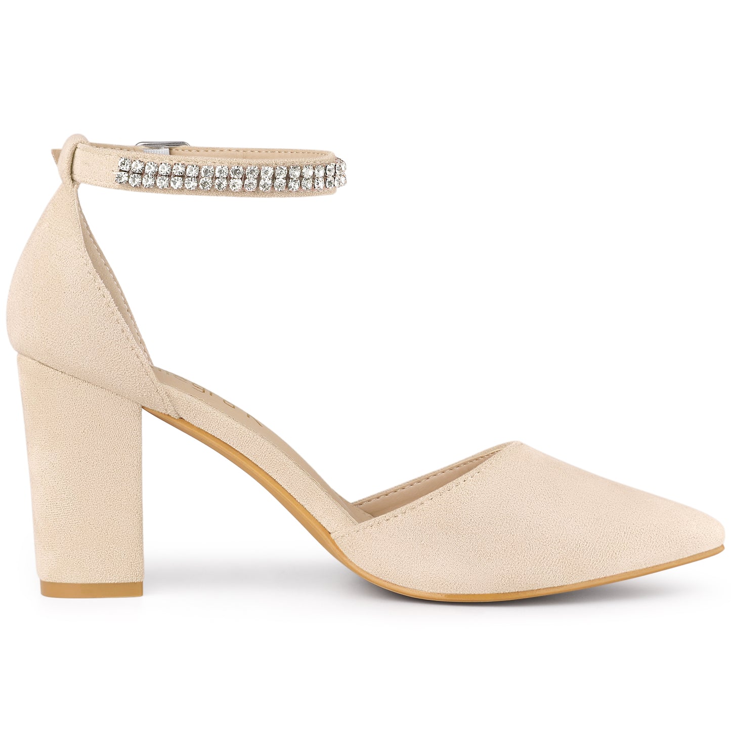 Zapatos de tacón grueso con tiras en el tobillo y punta puntiaguda de diamantes de imitación para mujer