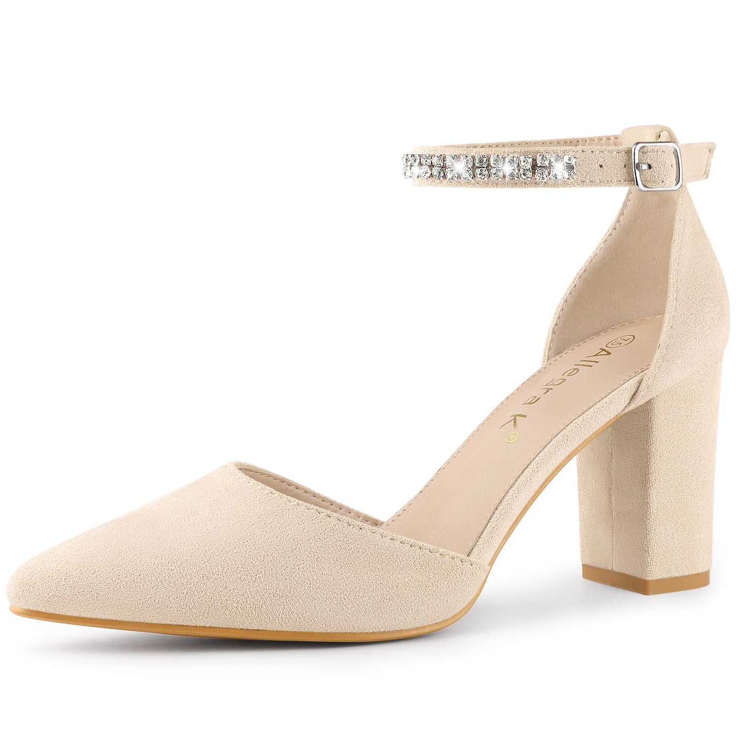 Zapatos de tacón grueso con tiras en el tobillo y punta puntiaguda de diamantes de imitación para mujer