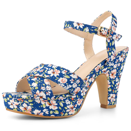 Women Floral Platform Chunky Heels Sandals