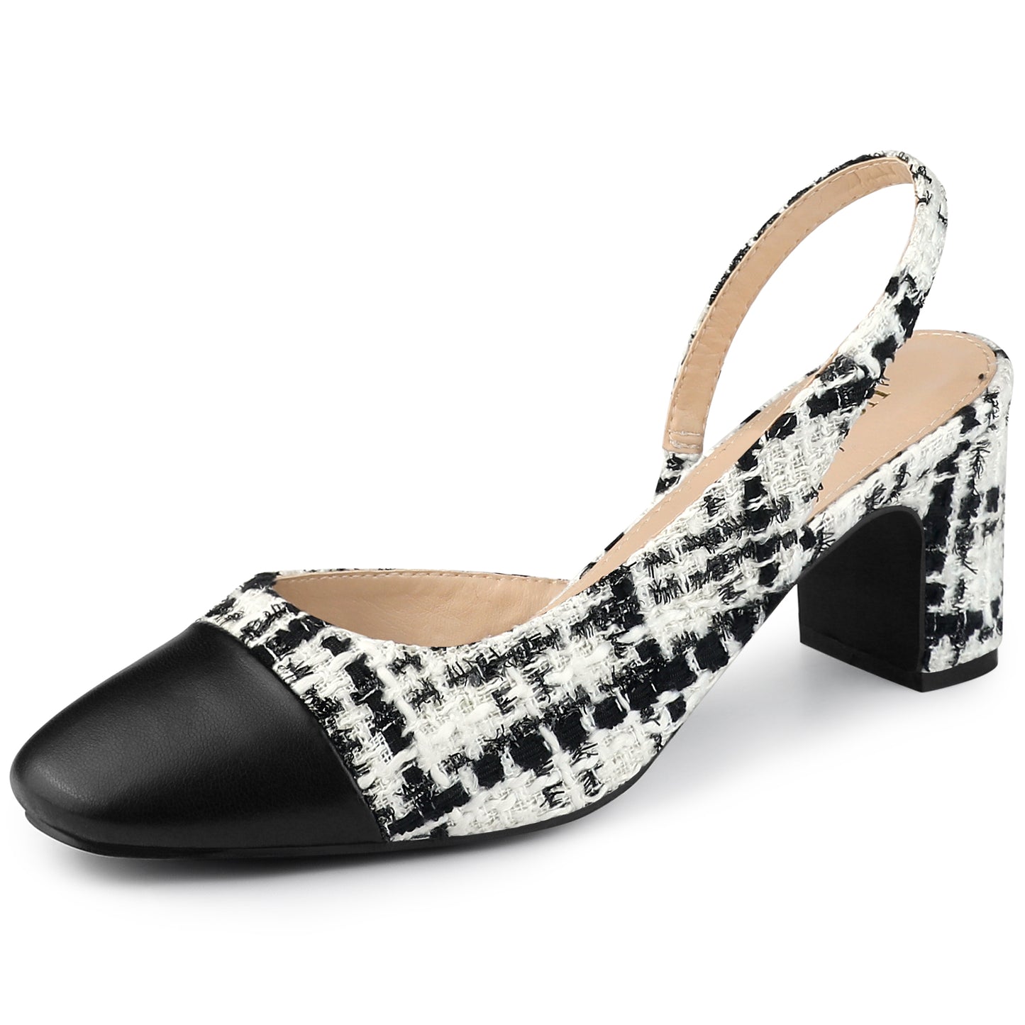 Zapatos de tacón grueso a cuadros con puntera abierta para mujer
