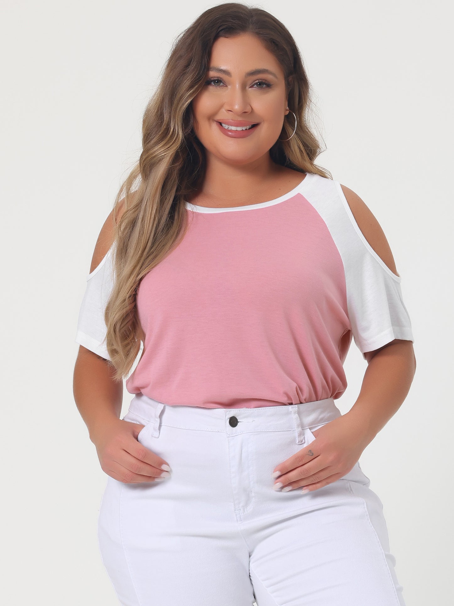 Women's Plus Size Contrast Short Sleeve Cold Shoulder T-Shirt Top Summer Tee