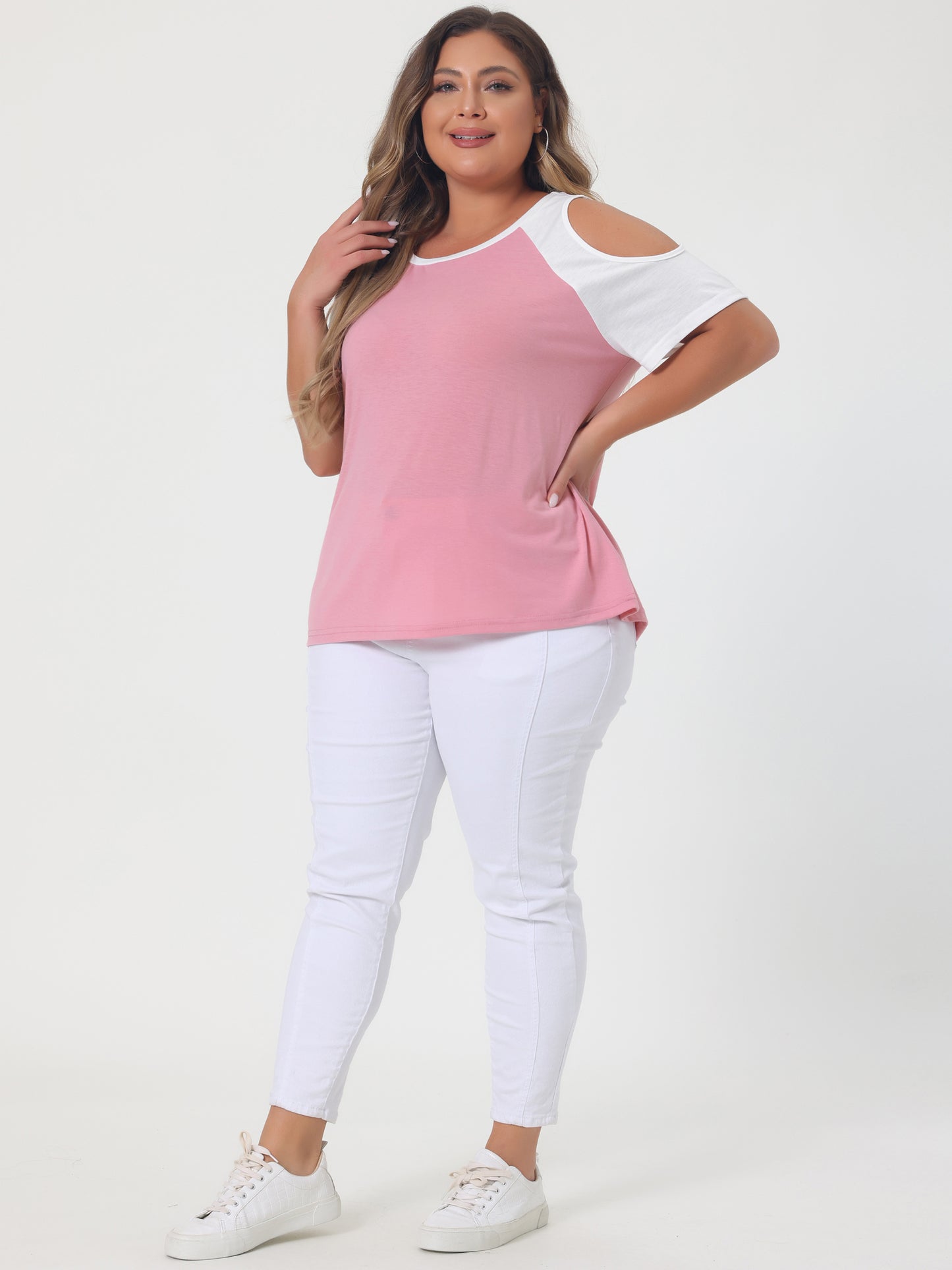 Women's Plus Size Contrast Short Sleeve Cold Shoulder T-Shirt Top Summer Tee