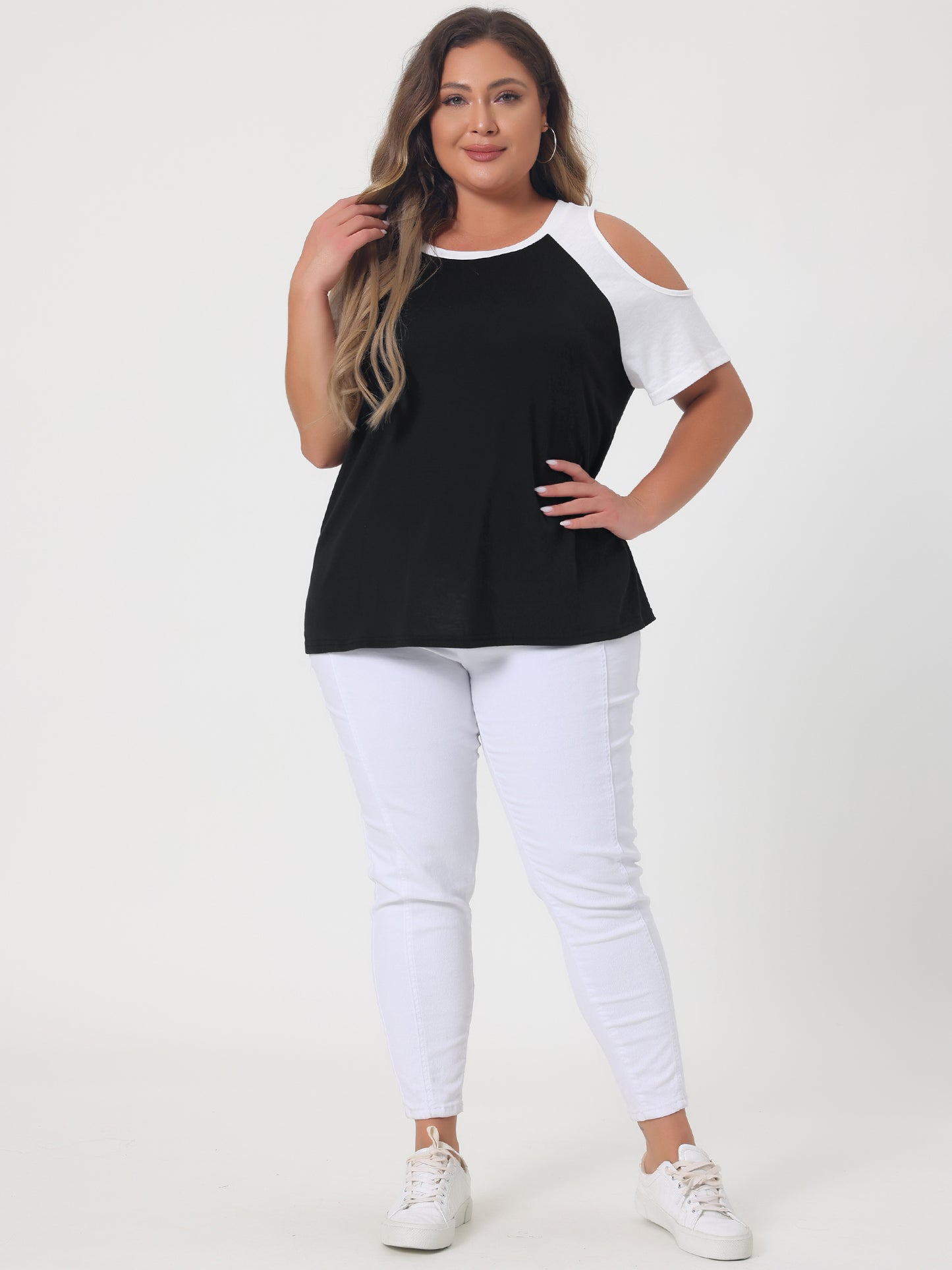 Women's Plus Size Contrast Short Sleeve Cold Shoulder T-Shirt Top Summer Tee