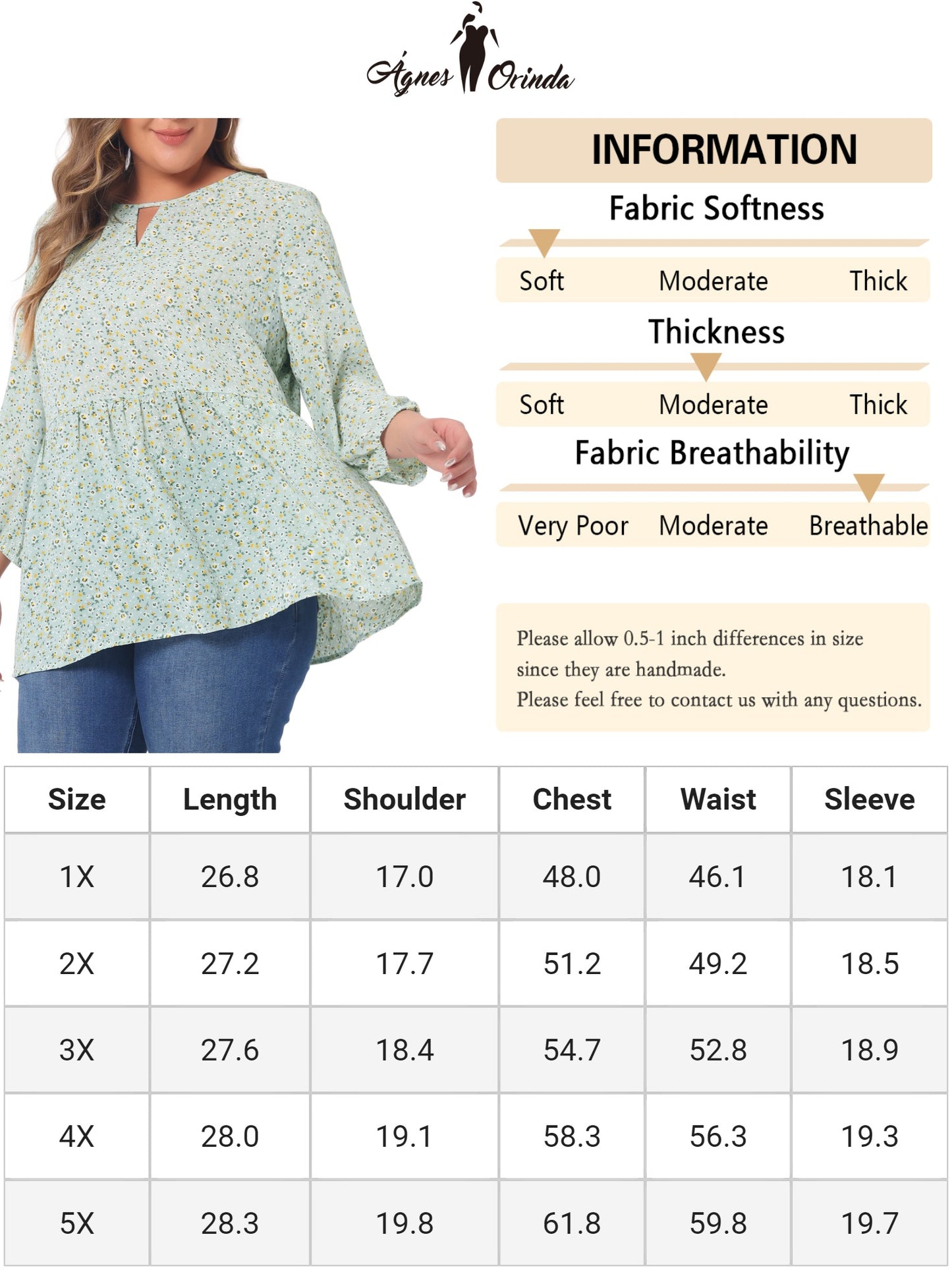 Blusa babydoll de gasa con aberturas florales y mangas 3/4 para mujer, talla grande