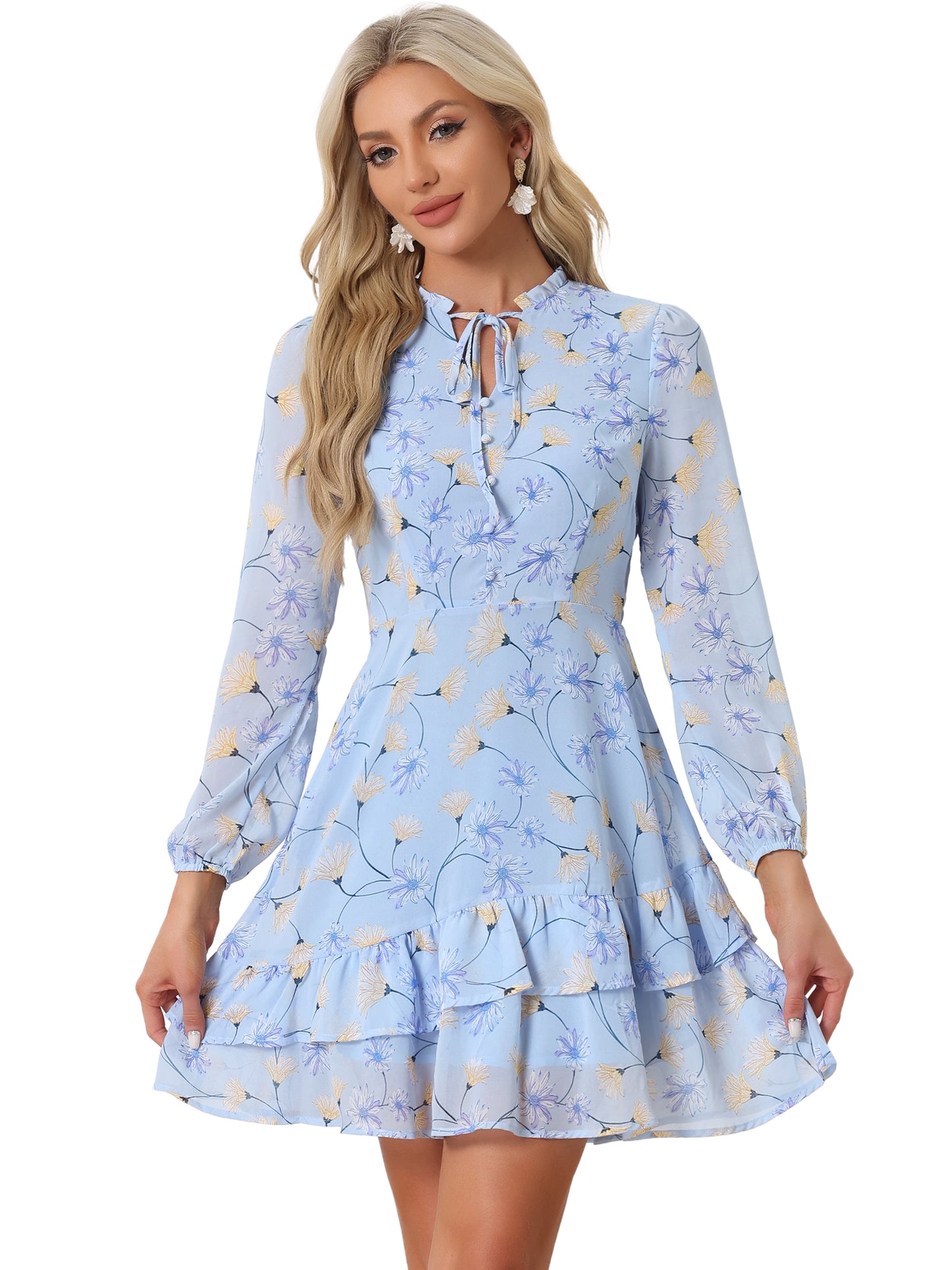Women's Summer Dresses Floral Tie V Neck Semi Sheer Long Sleeve Layered Tiered Chiffon Mini Dress