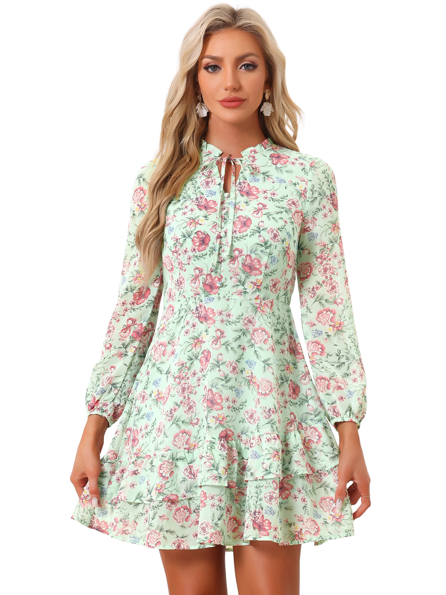 Women's Summer Dresses Floral Tie V Neck Semi Sheer Long Sleeve Layered Tiered Chiffon Mini Dress