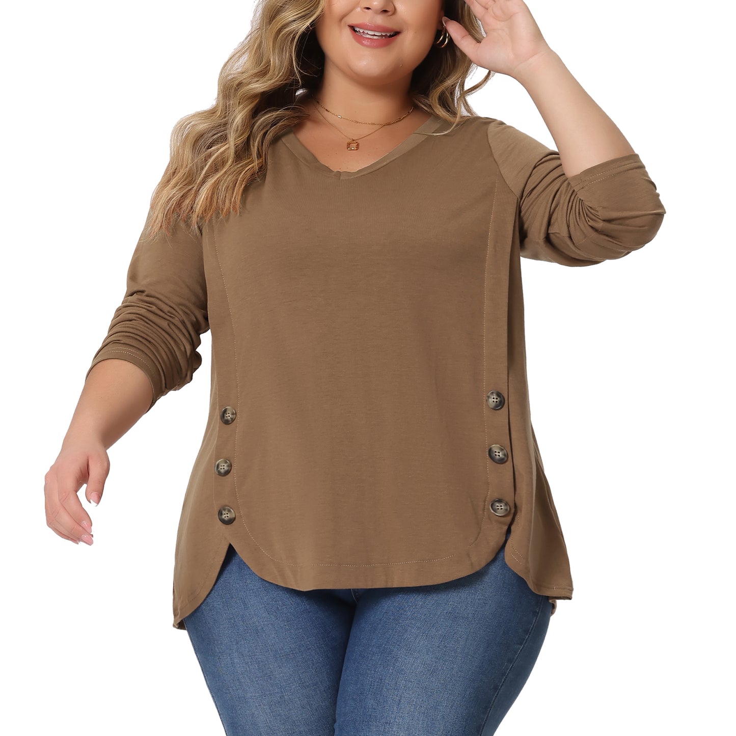 Women Plus Size Tops Casual V Neck Loose Button Side Long Sleeve Basic Swing Tunic