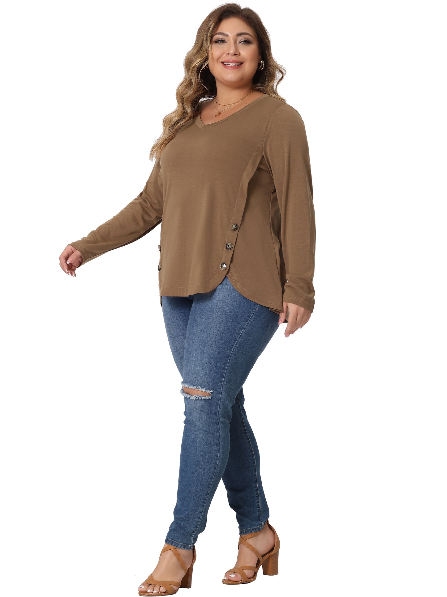 Women Plus Size Tops Casual V Neck Loose Button Side Long Sleeve Basic Swing Tunic