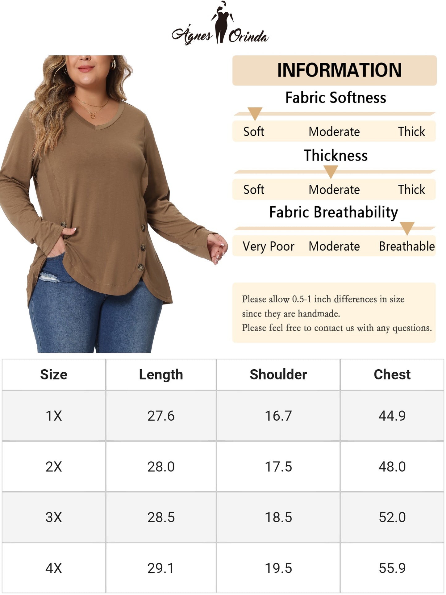 Women Plus Size Tops Casual V Neck Loose Button Side Long Sleeve Basic Swing Tunic