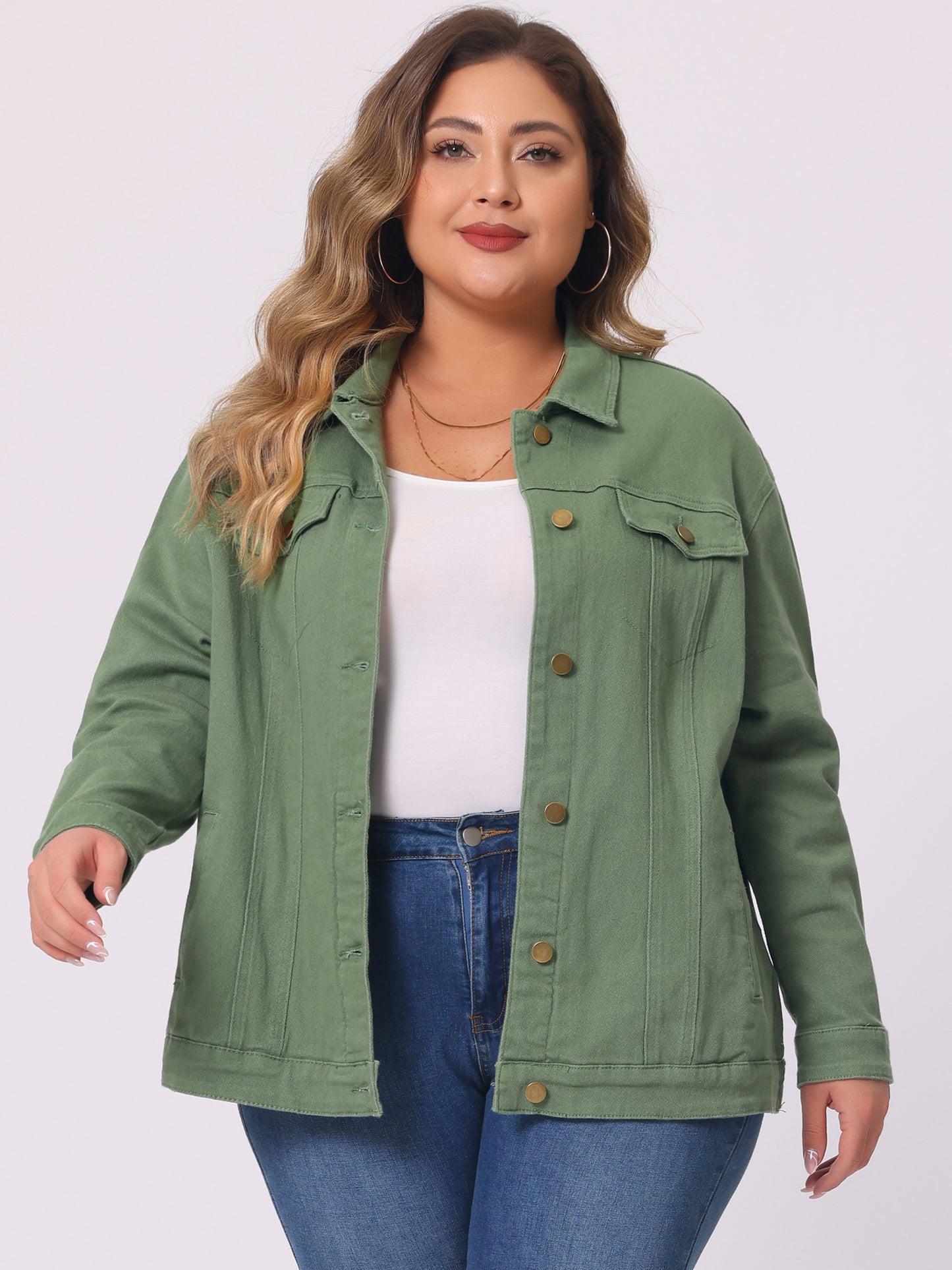 Women's Plus Size Jean Jacket Stitching Button Front Washed Denim Jacket