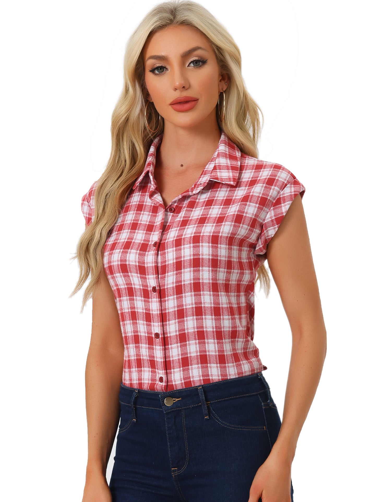 Women's Summer Plaid Cap Sleeves Button Down Shirt
