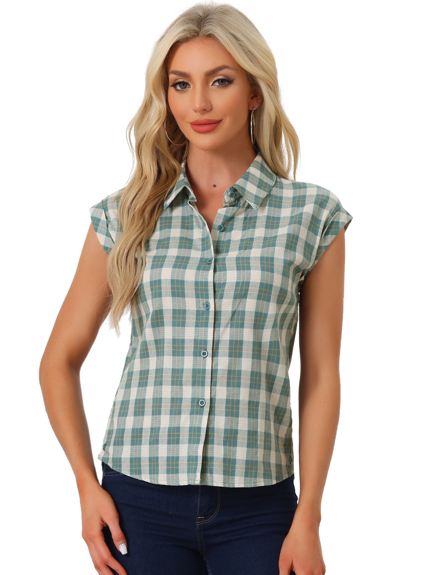 Women's Summer Plaid Cap Sleeves Button Down Shirt