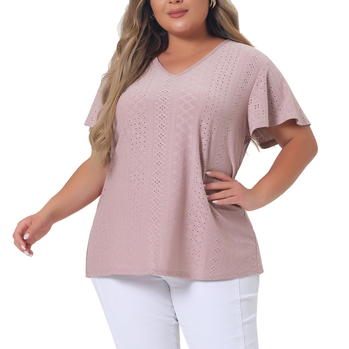 Women's Plus Size Summer Tee V Neck Hollow Flare Short Sleeve Casual Top Tunic