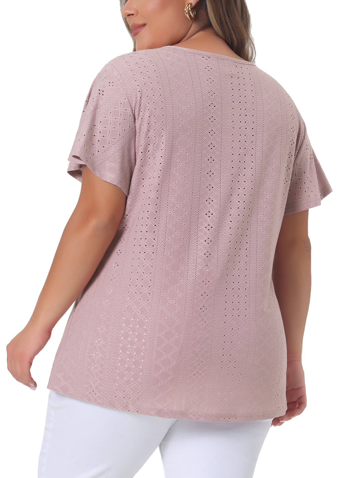 Women's Plus Size Summer Tee V Neck Hollow Flare Short Sleeve Casual Top Tunic