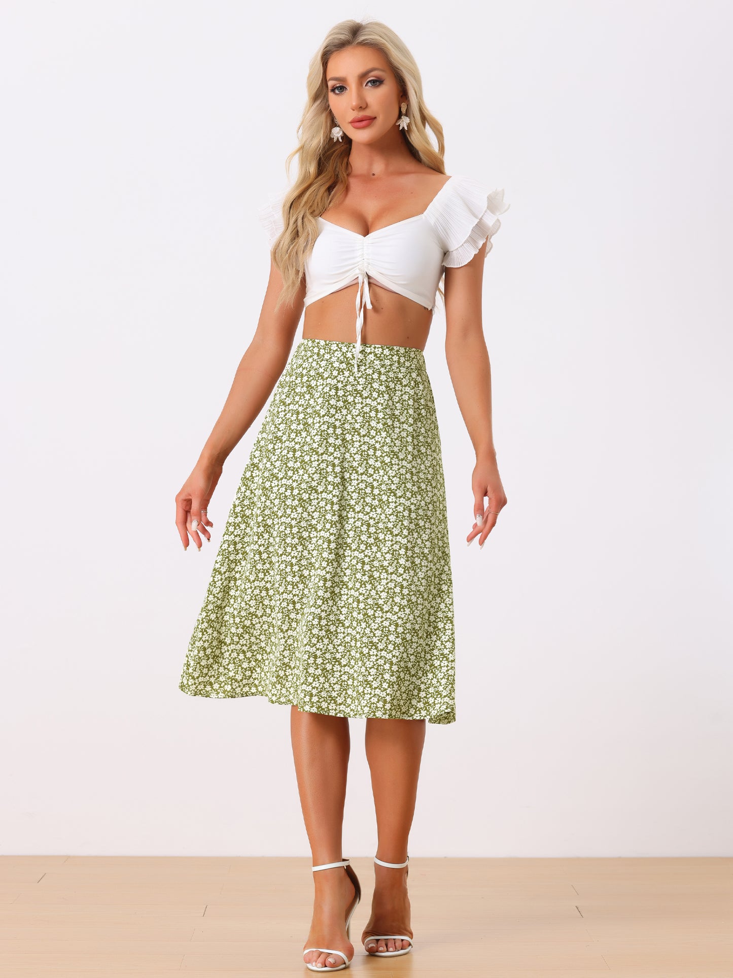 Falda midi de gasa con estampado floral para mujer, corte A, verano