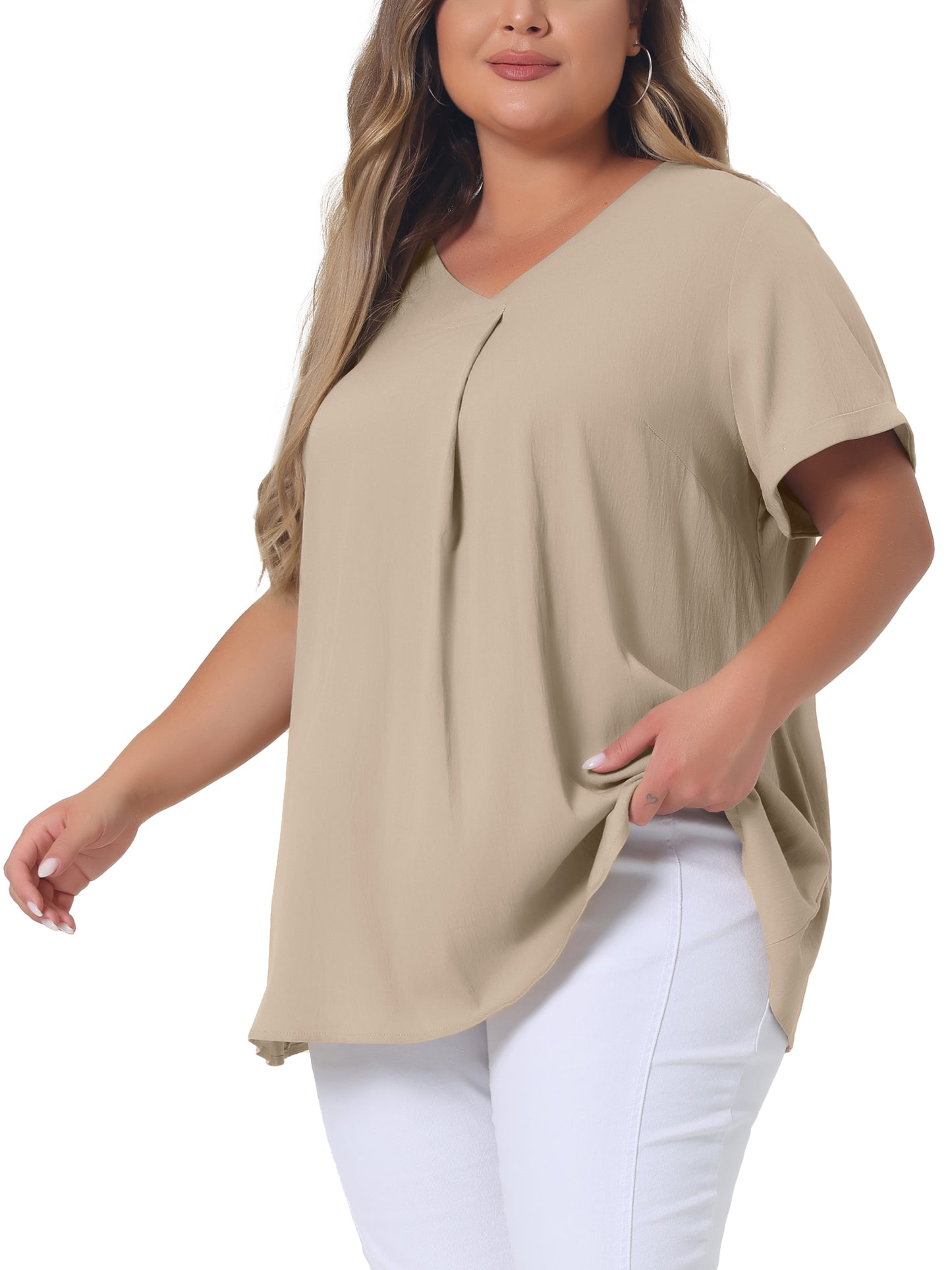 Women Plus Size Blouse Chambray Pleat Front V Neck Short Sleeve Work Shirt