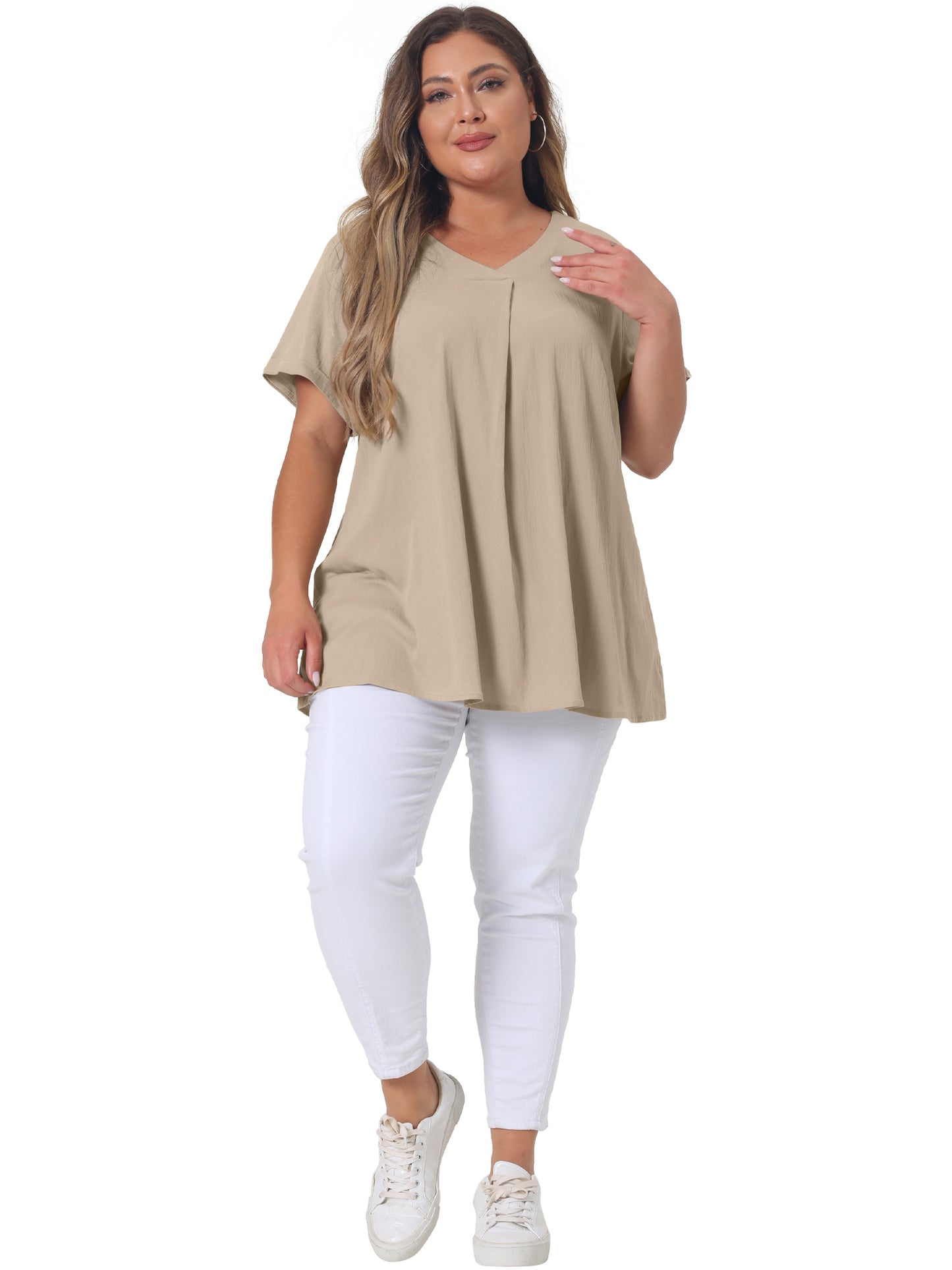 Women Plus Size Blouse Chambray Pleat Front V Neck Short Sleeve Work Shirt