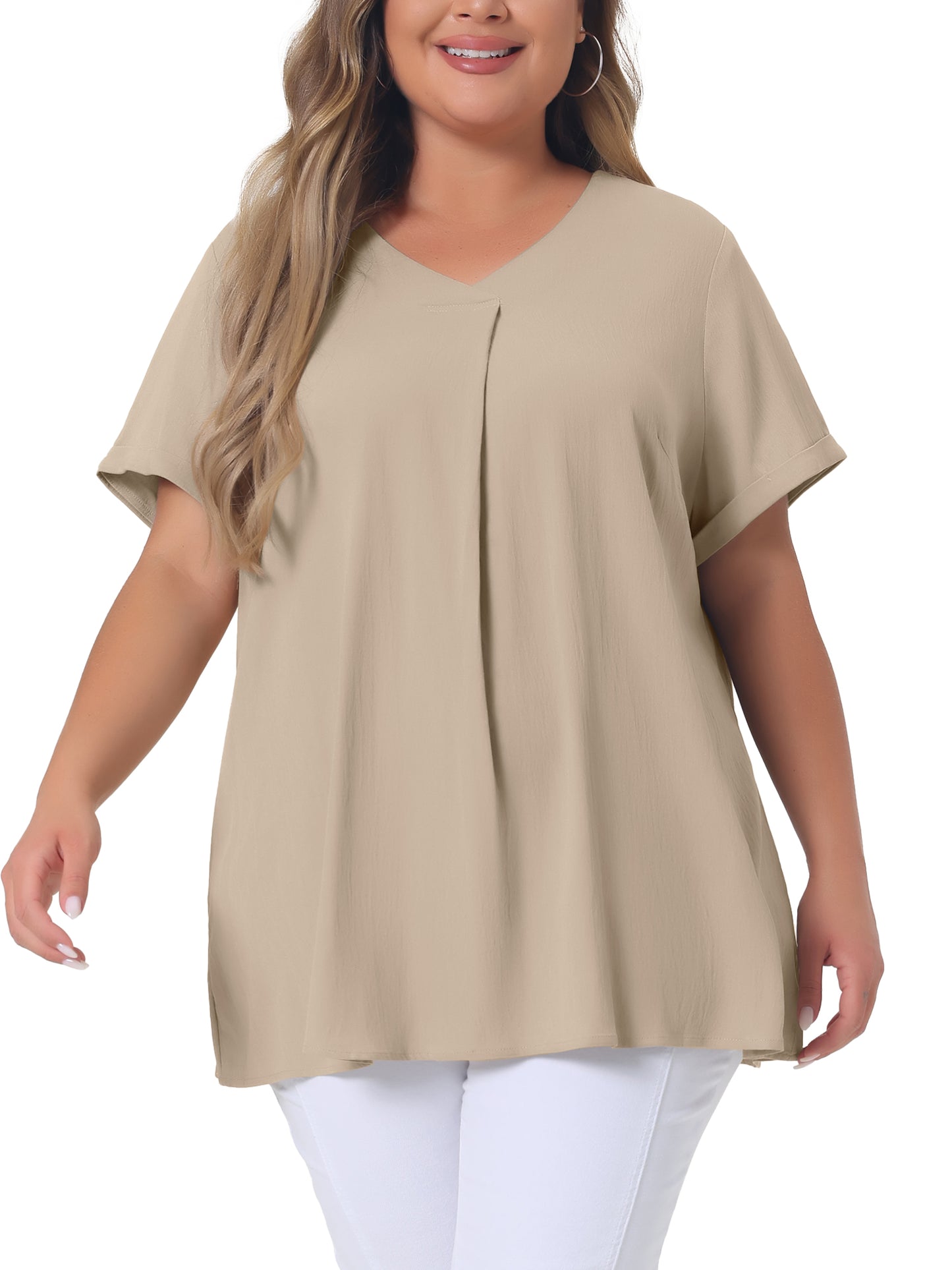 Women Plus Size Blouse Chambray Pleat Front V Neck Short Sleeve Work Shirt