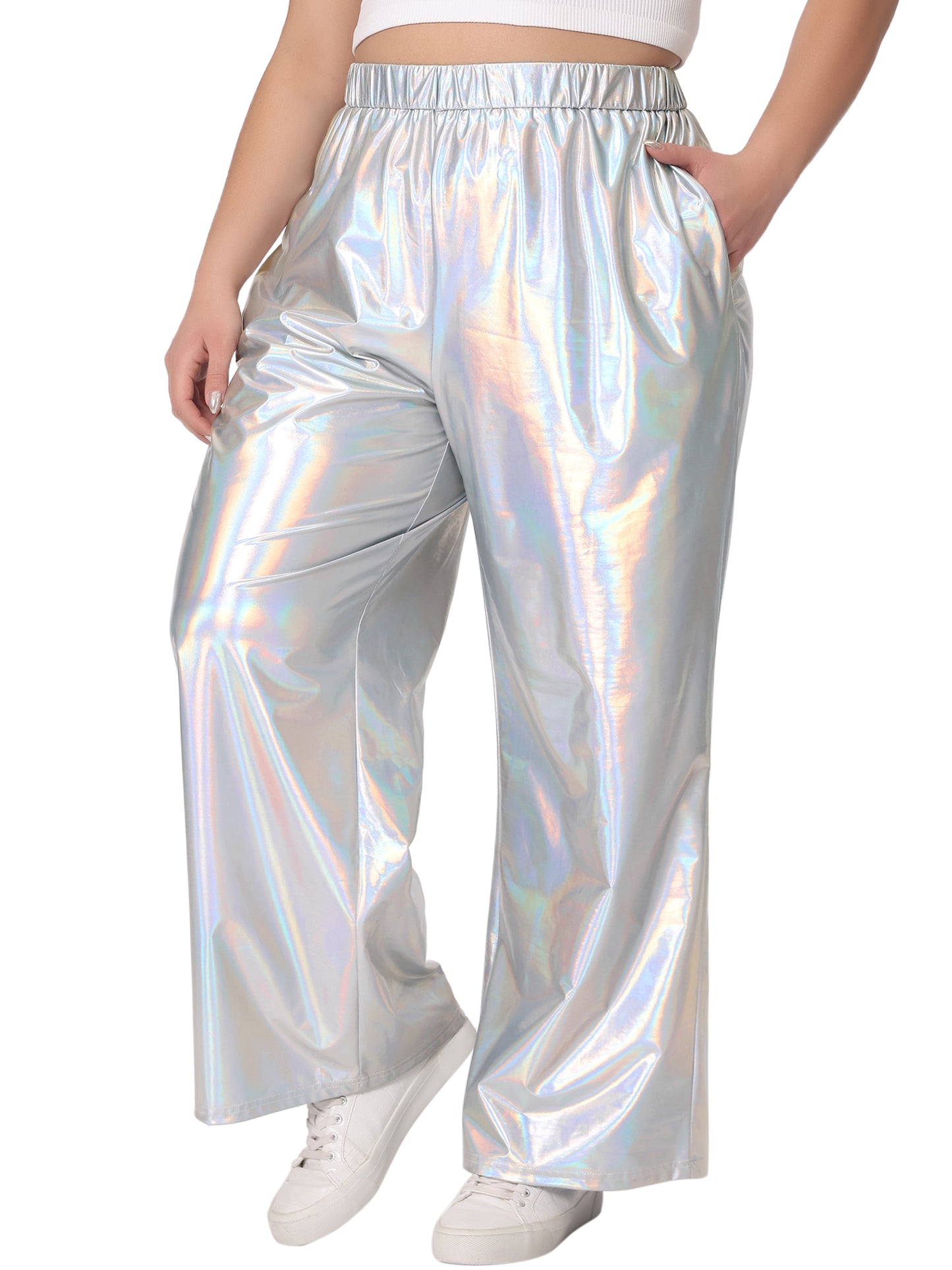 Women Plus Size Metallic High Waist Stretchy Jogger Pants Holographic Hip Hop Streetwear