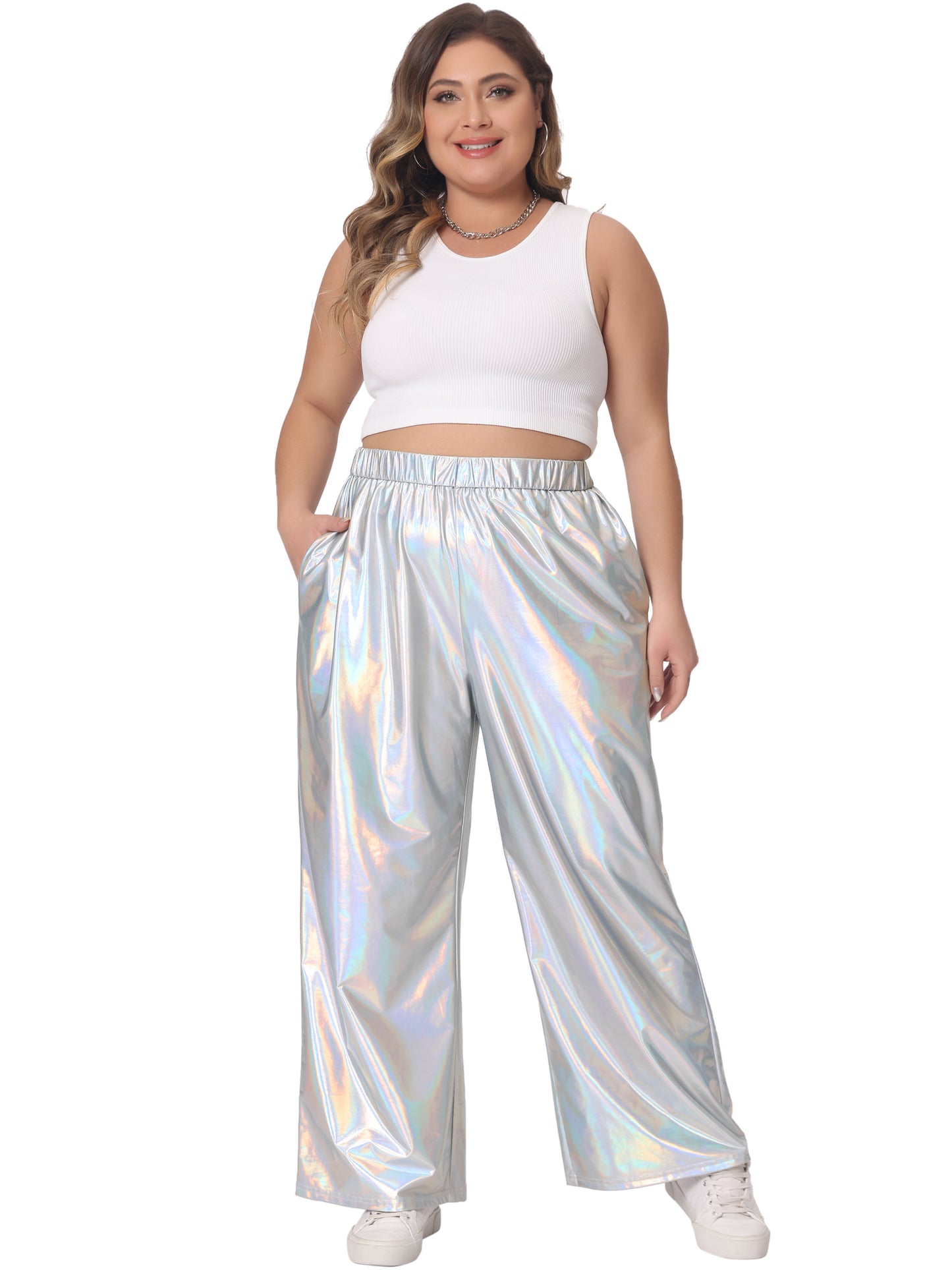 Women Plus Size Metallic High Waist Stretchy Jogger Pants Holographic Hip Hop Streetwear